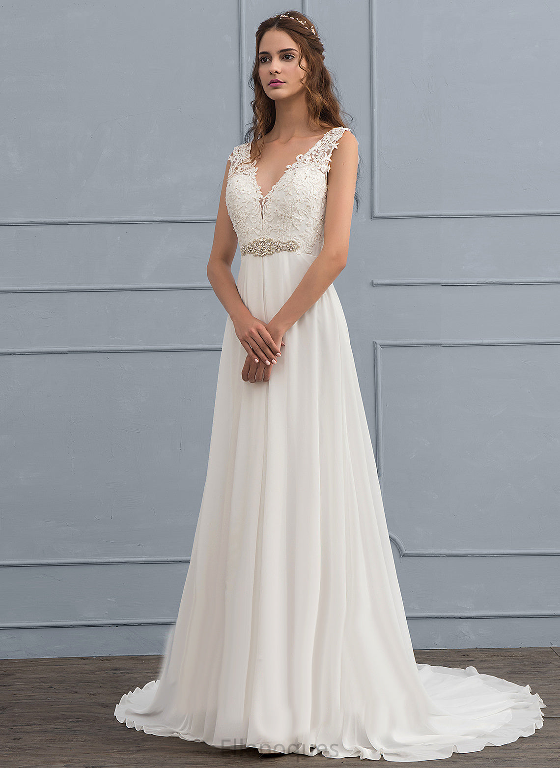 Beading Sequins V-neck Chiffon Dress With Wedding Dresses Train Arianna Lace Wedding Court A-Line