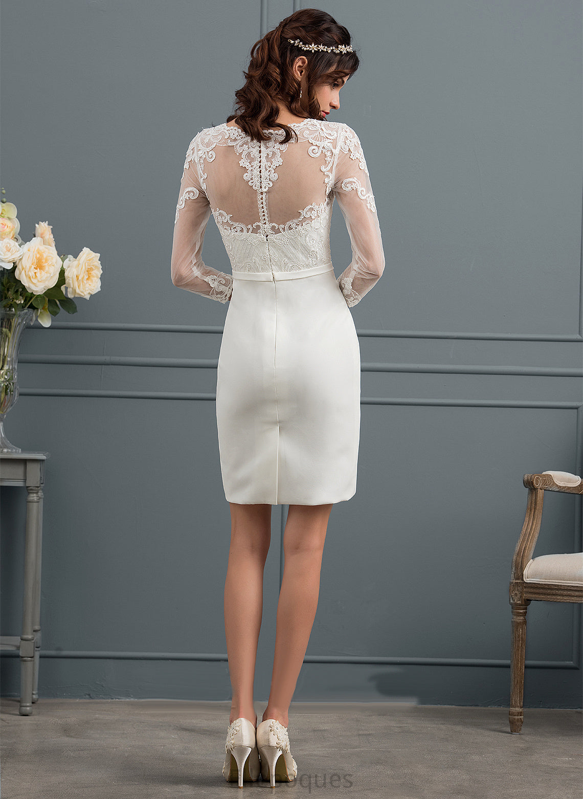 Dress Crepe Sequins Knee-Length Bow(s) Lara Sheath/Column Wedding Dresses Illusion With Lace Stretch Wedding