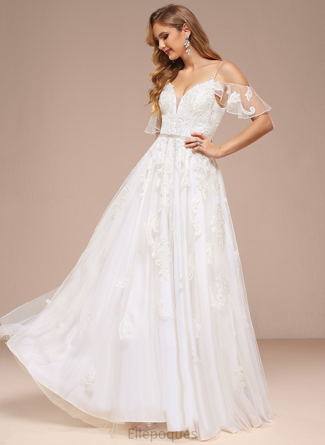 Beading Shoulder Wedding A-Line Lace Floor-Length Saige Cold Wedding Dresses Tulle With Sequins Dress