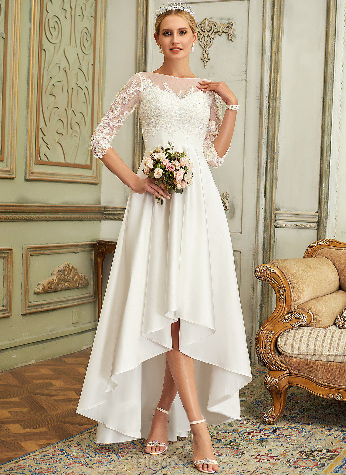 Satin Dress Lace A-Line Wedding Kennedi Scoop Wedding Dresses Neck Asymmetrical