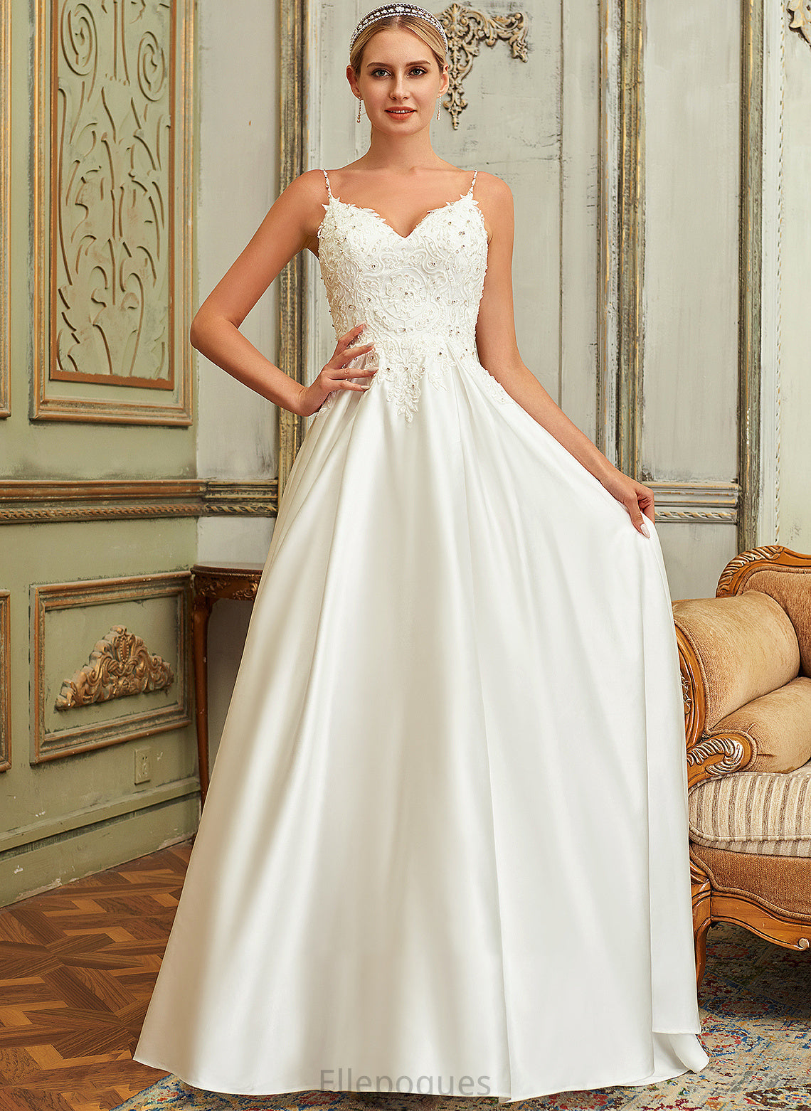 Jacquelyn Satin Beading Ball-Gown/Princess Train V-neck With Dress Lace Wedding Dresses Sweep Sequins Wedding Pockets Lace