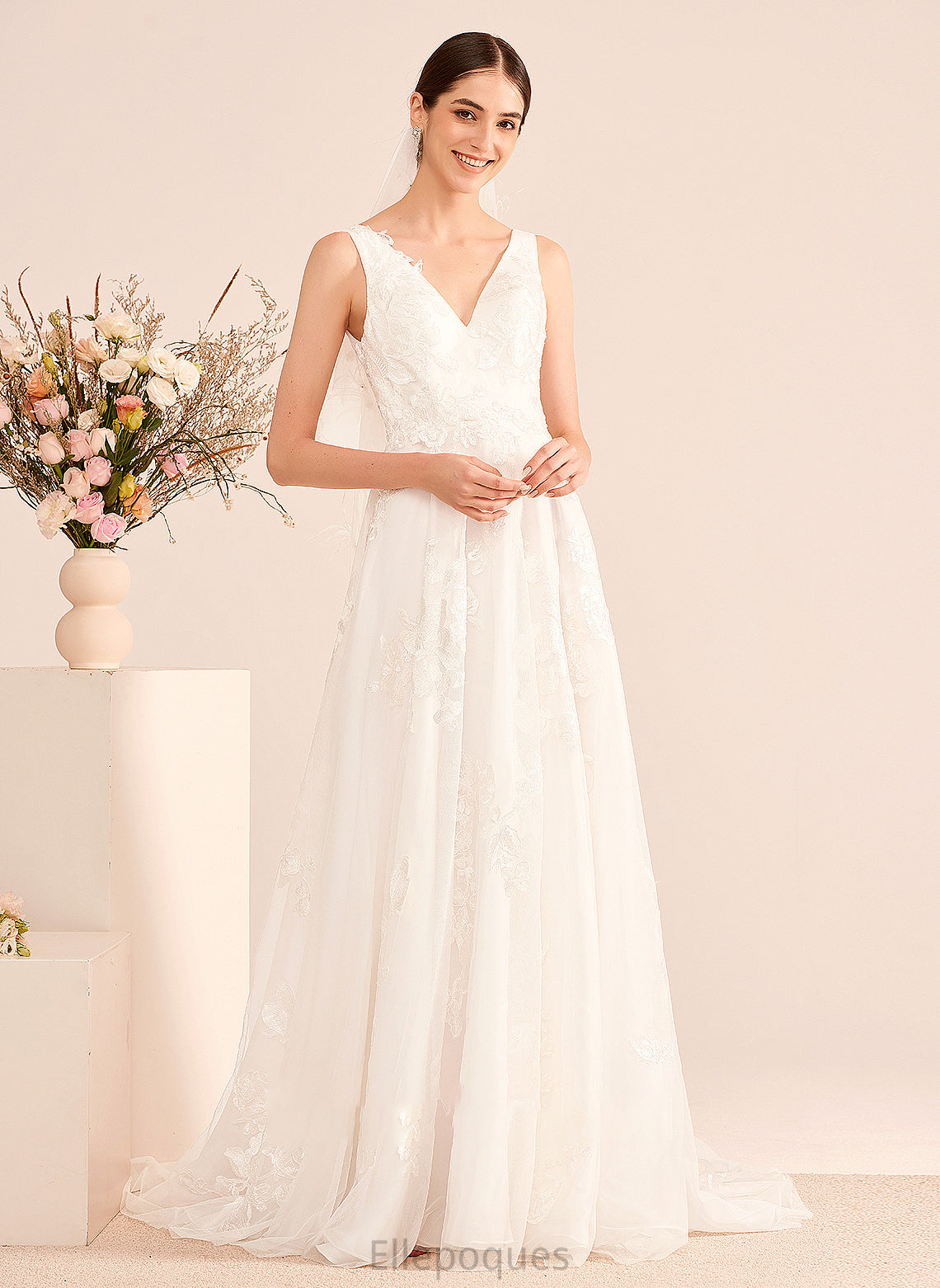 A-Line Lace With Wedding Train Luna Court Dress Wedding Dresses V-neck