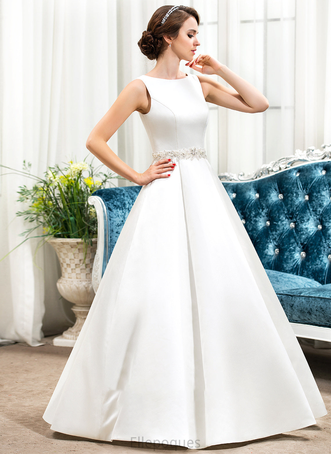 Ball-Gown/Princess Beading Neck Dress Ally Wedding Satin Floor-Length Scoop With Wedding Dresses Sequins