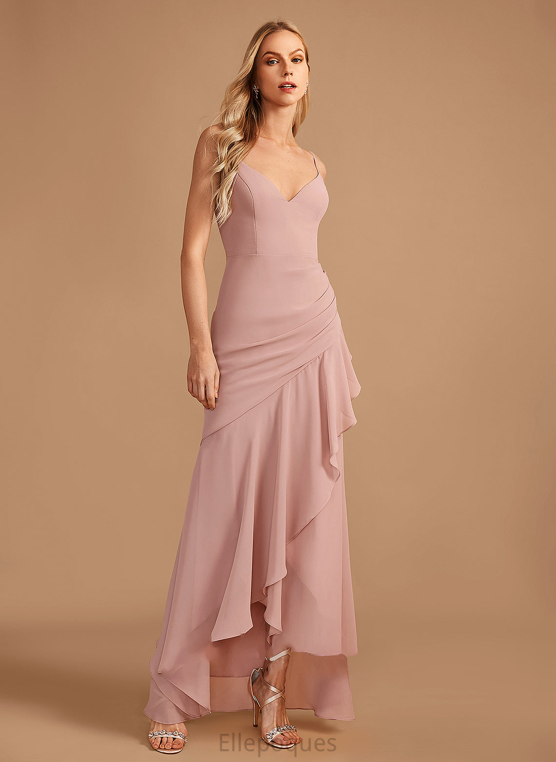 Trumpet/Mermaid Silhouette Asymmetrical Neckline Embellishment Ruffle Fabric V-neck Length Lexie V-Neck Sleeveless Bridesmaid Dresses