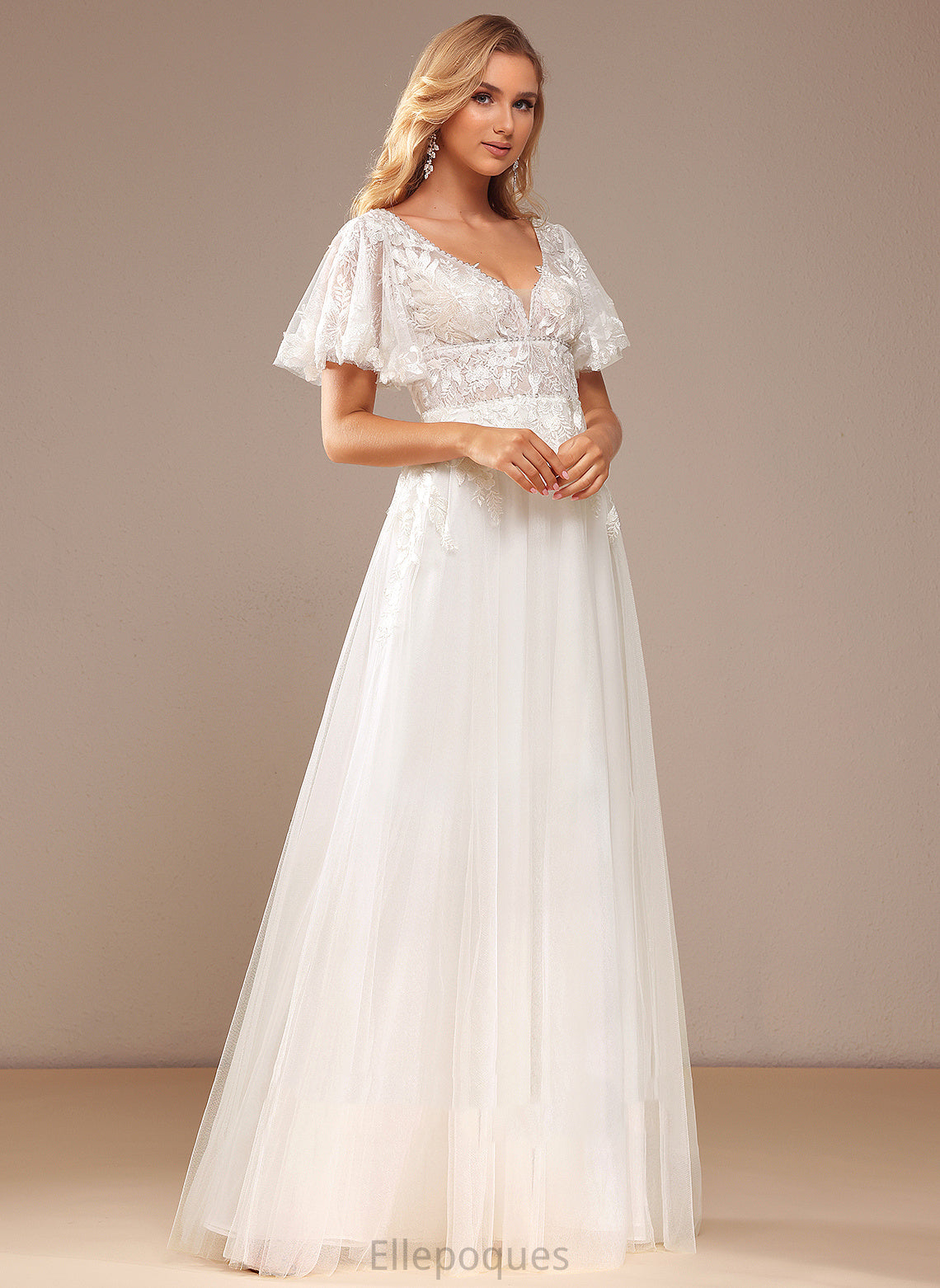 With Tulle Dress Floor-Length Beading Sequins V-neck Lace Wedding Dresses Wedding Lace A-Line Elva