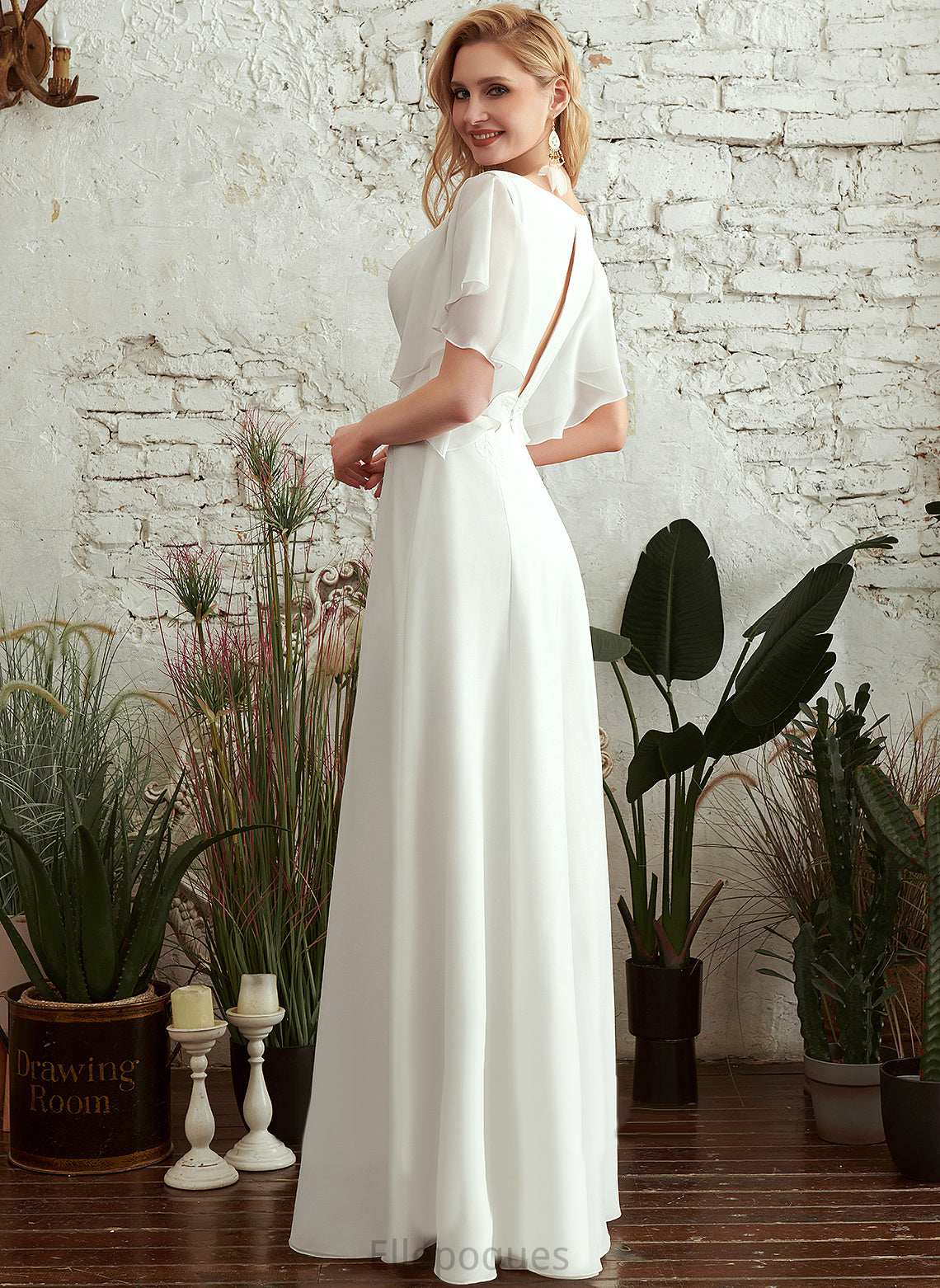 Front Shayna Split Wedding A-Line Chiffon V-neck Dress Lace Wedding Dresses With Floor-Length