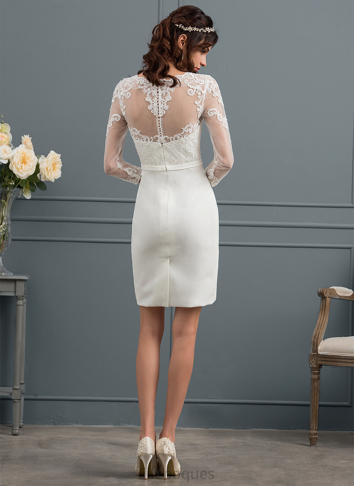 Wedding Dresses Illusion With Stretch Wedding Bow(s) Sequins Knee-Length Crepe Dress Sheath/Column Moira