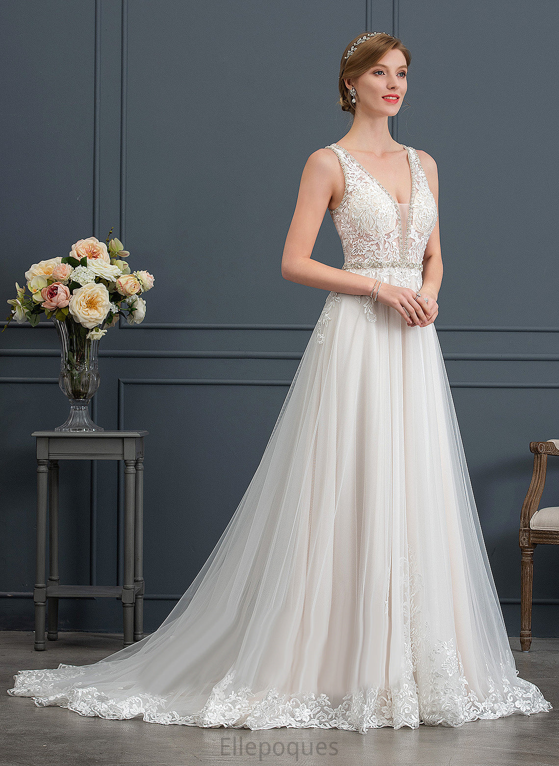 Lace Court Beading V-neck Wedding Dresses Train Tulle Sequins With Ball-Gown/Princess Wedding Dress Kenzie