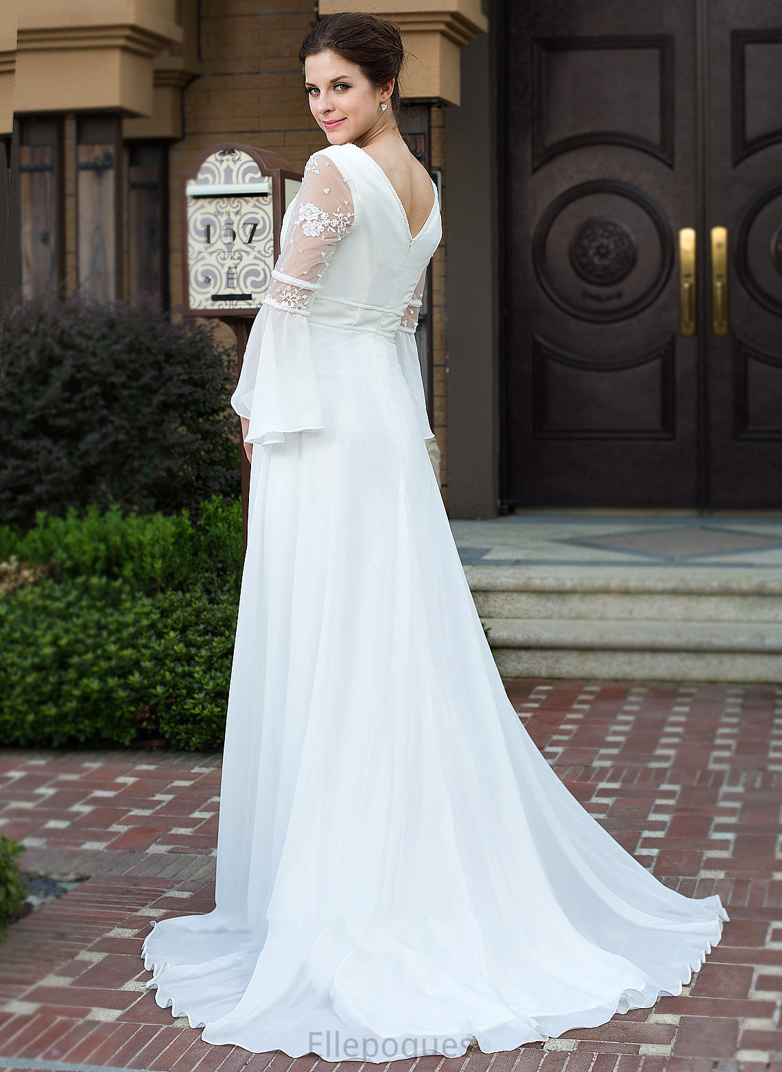 Court Beading Wedding Dresses Chiffon V-neck Train With Hadassah Lace Wedding A-Line Dress