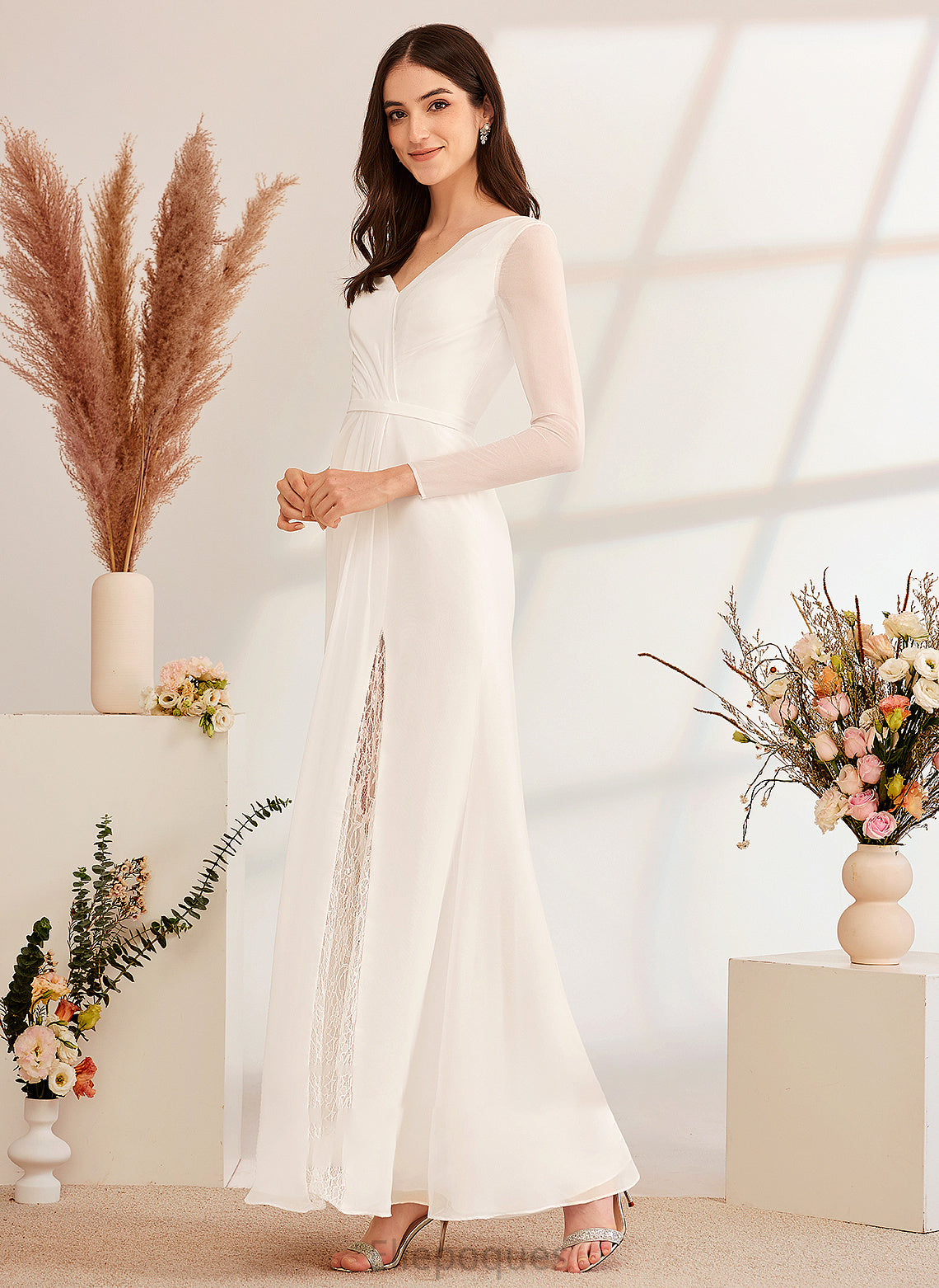 Wedding Blanche V-neck Wedding Dresses A-Line Lace Dress Bow(s) With Floor-Length