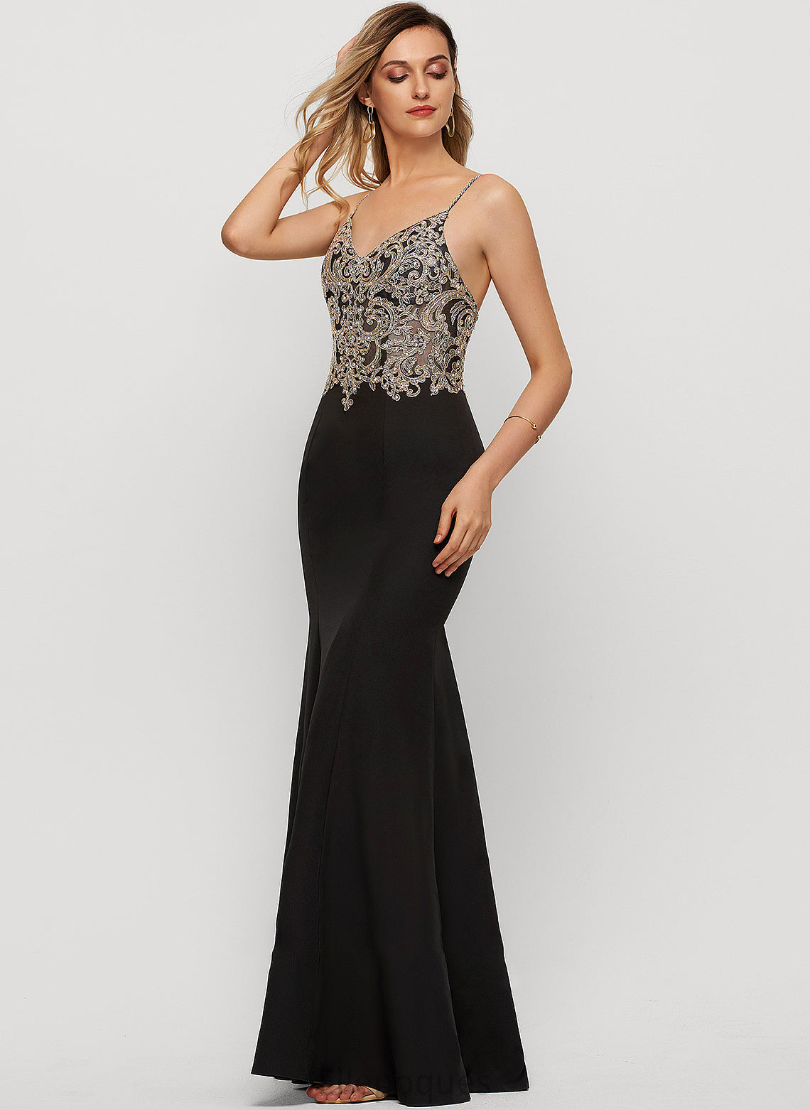 Prom Dresses With Beading V-neck Sequins Crepe Floor-Length Patti Trumpet/Mermaid Stretch