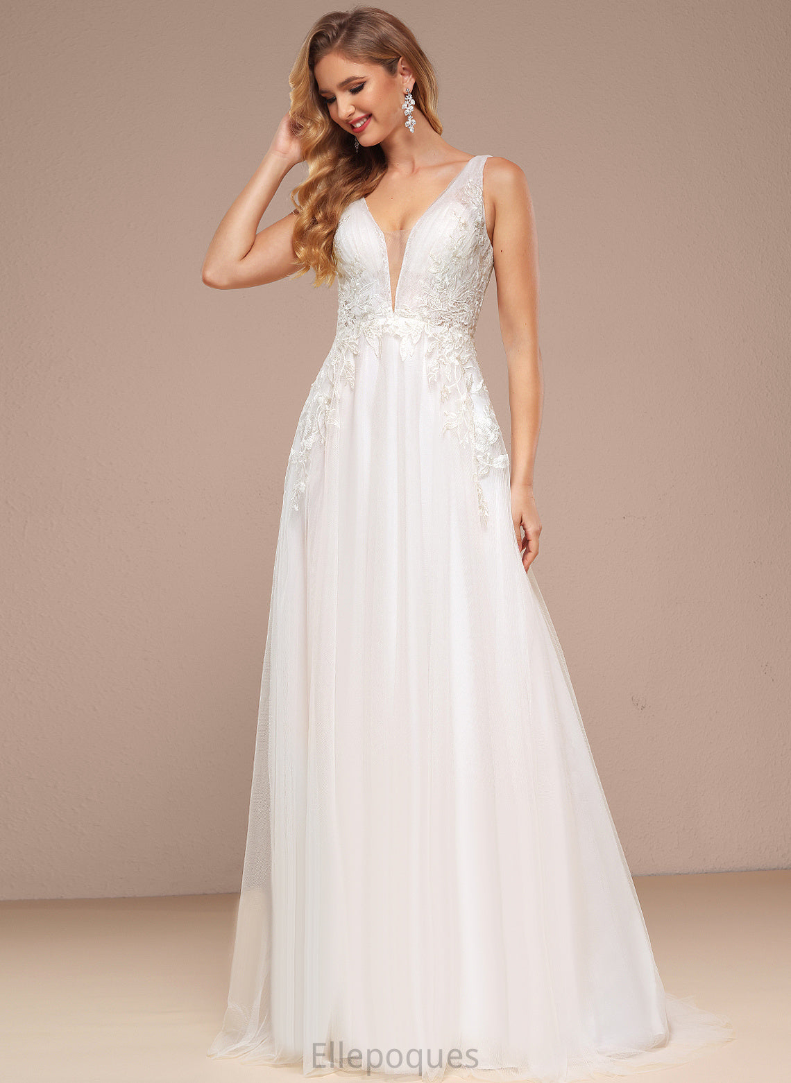 Lace Sweep Wedding Sequins Wedding Dresses With A-Line Elvira Dress Train V-neck Tulle