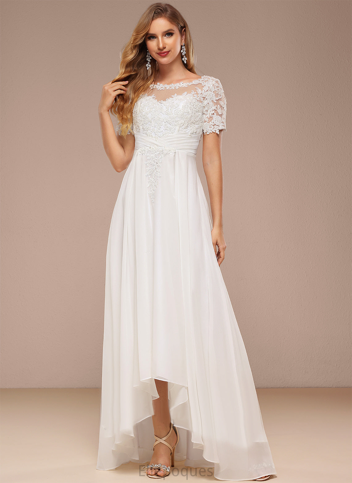 Gladys Wedding Dresses Chiffon Neck Wedding Lace Dress A-Line Boat Asymmetrical