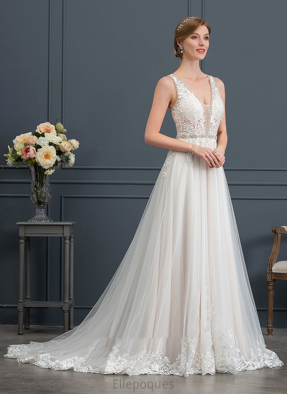 Beading Ball-Gown/Princess Court Dress Tulle V-neck With Wedding Sequins Adelyn Wedding Dresses Train