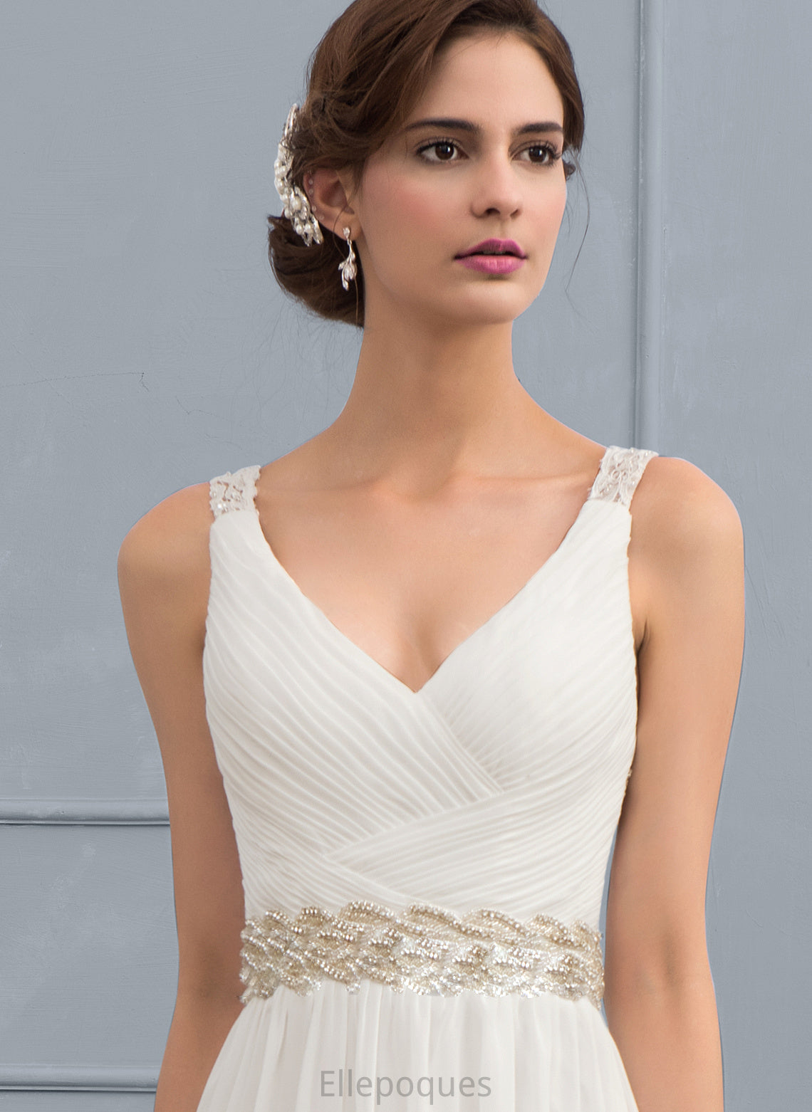 Lace Dress Train Sweep Lailah Wedding Dresses Ruffle V-neck Chiffon With Beading A-Line Wedding Sequins