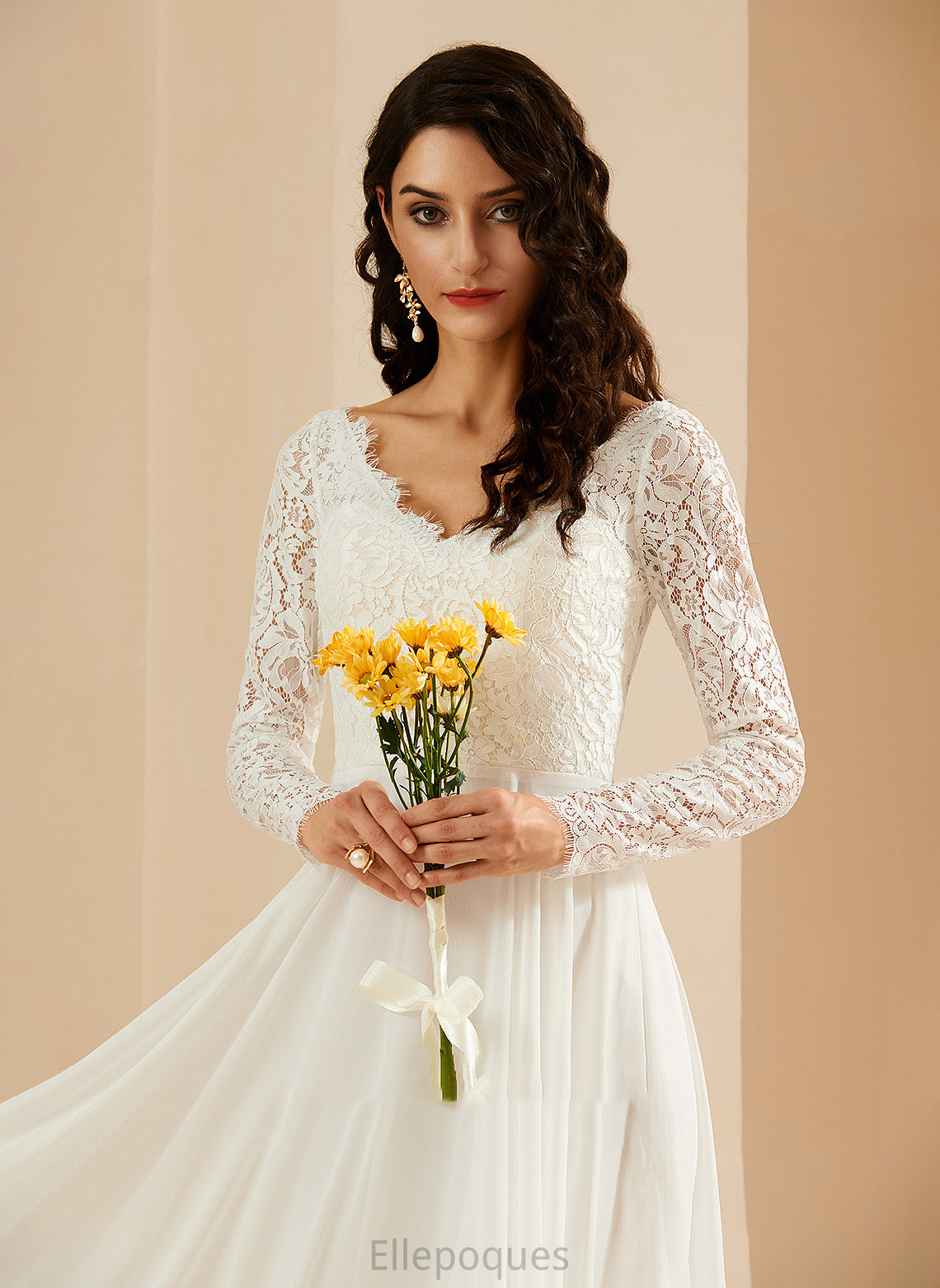 Wedding Dresses A-Line Selena Lace With Wedding Train Sweep V-neck Dress