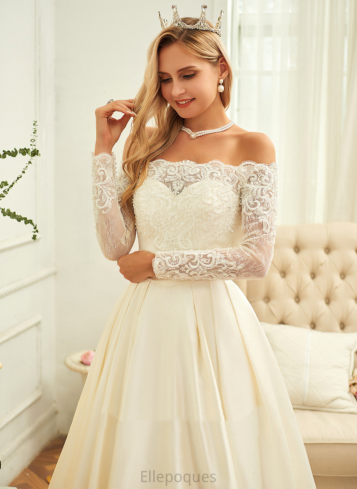 Wedding Jayden With Beading Sequins Wedding Dresses Lace Satin Sweep Train Dress Off-the-Shoulder Ball-Gown/Princess