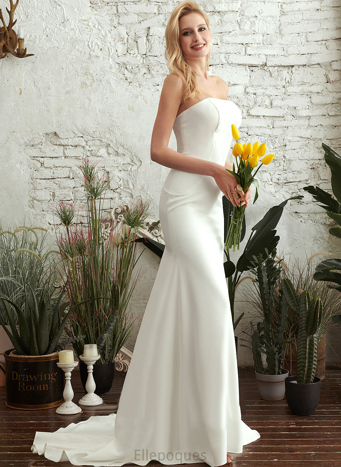 Wedding Dresses Strapless Terri Sweep Wedding Crepe Dress Train Stretch Trumpet/Mermaid