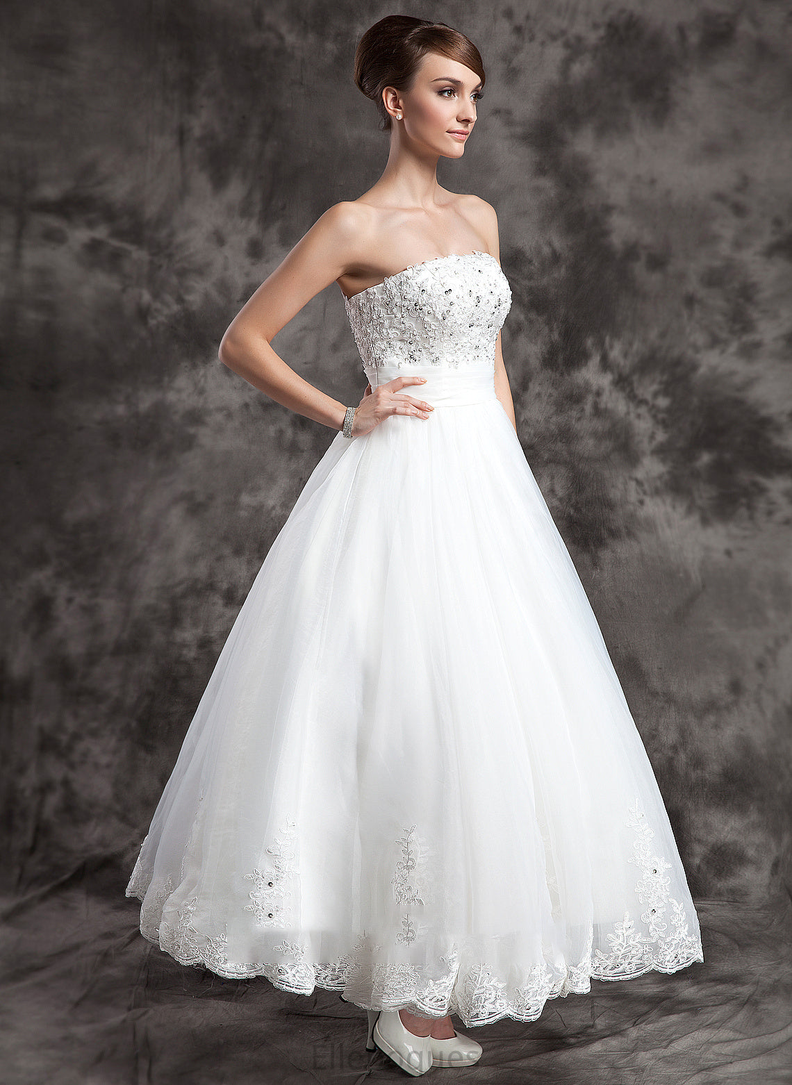 Ball-Gown/Princess Satin Organza Wedding Mignon Wedding Dresses Beading Dress Strapless With Ankle-Length Lace