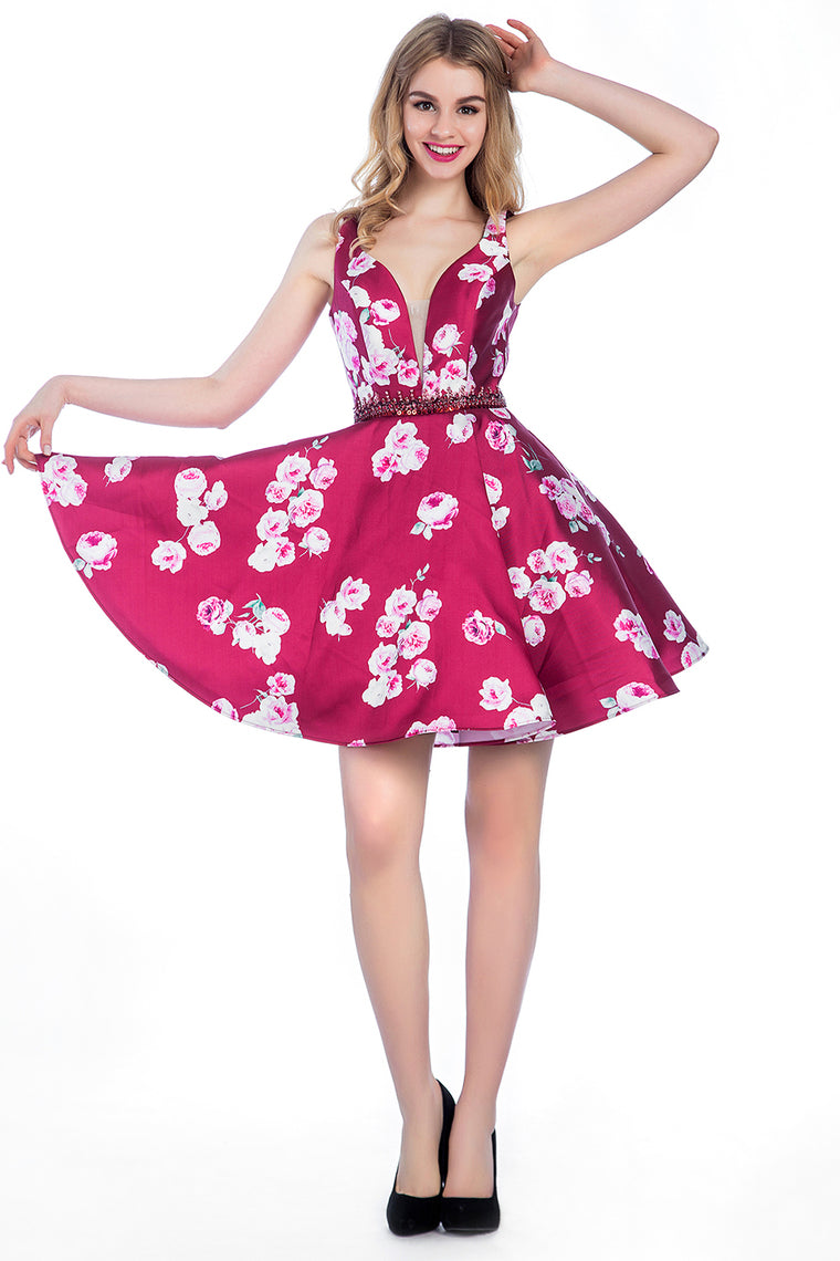 2024 A Line V-Neck Short/Mini Satin Floral Homecoming Dresses