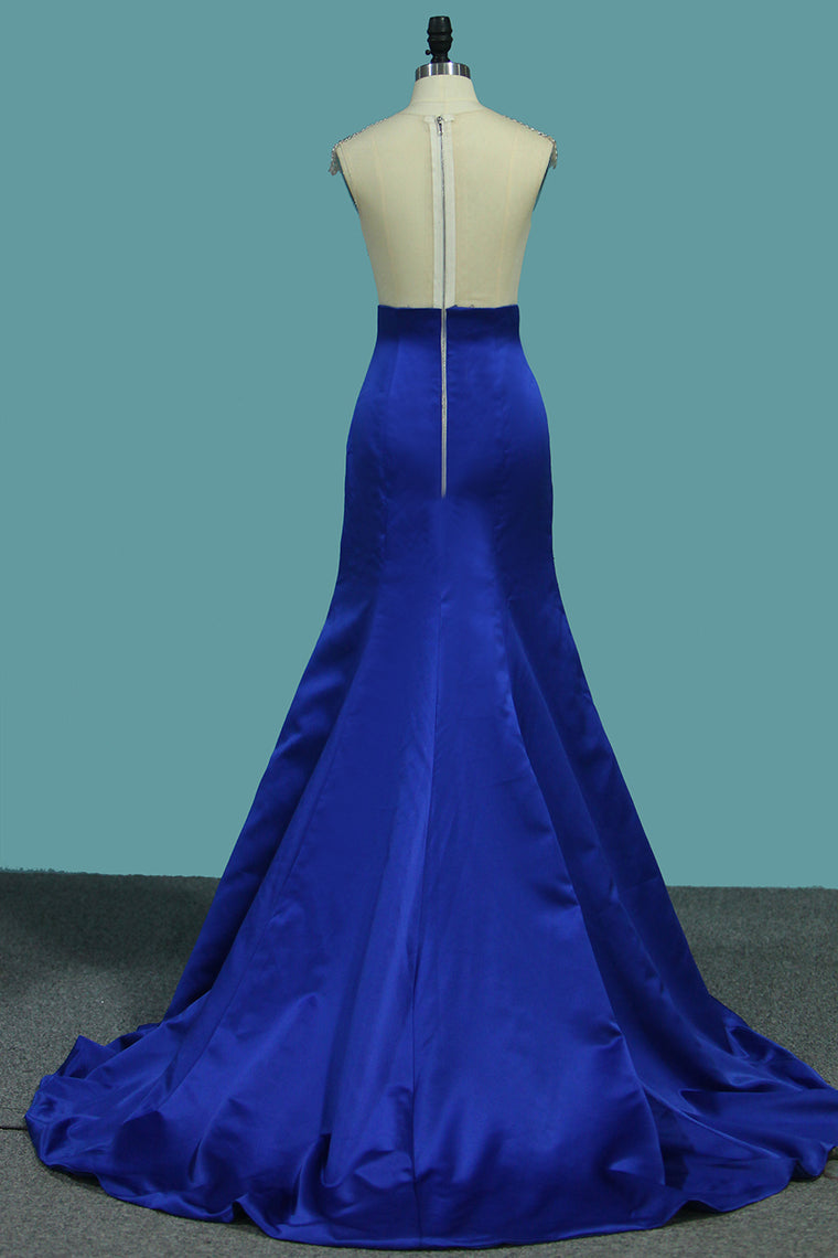 2024 Satin Mermaid V Neck Beaded Bodice Prom Dresses Sweep Train