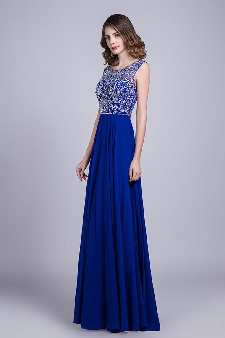 2024 Prom Dresses A-Line Scoop Floor-Length Dark Royal Blue Chiffon Beaded Bodice