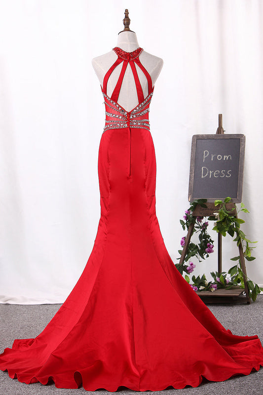 2024 Mermaid Scoop Satin Open Back Prom Dresses With Beading