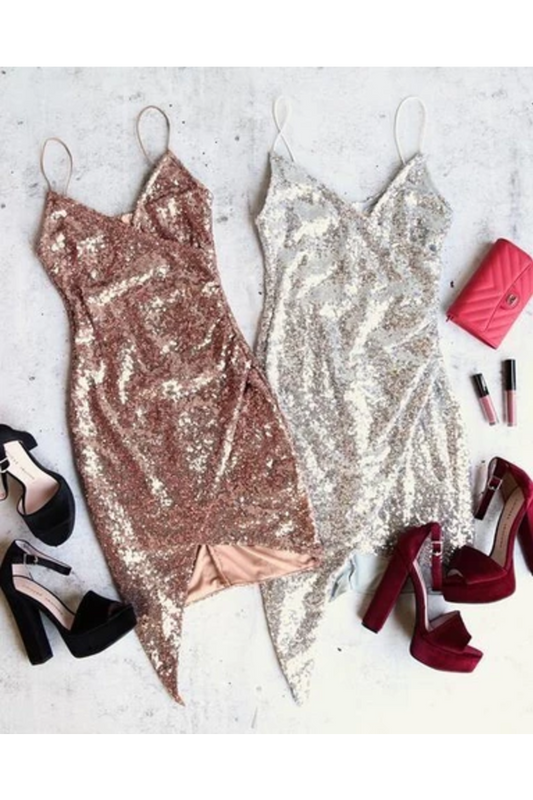 Sexy V Neck Spaghetti Straps Sequins Mini Party Homecoming Dresses