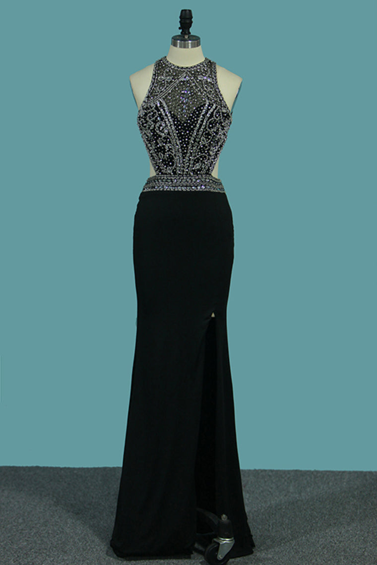 2024 Open Back Scoop With Beads And Slit Mermaid Prom Dresses