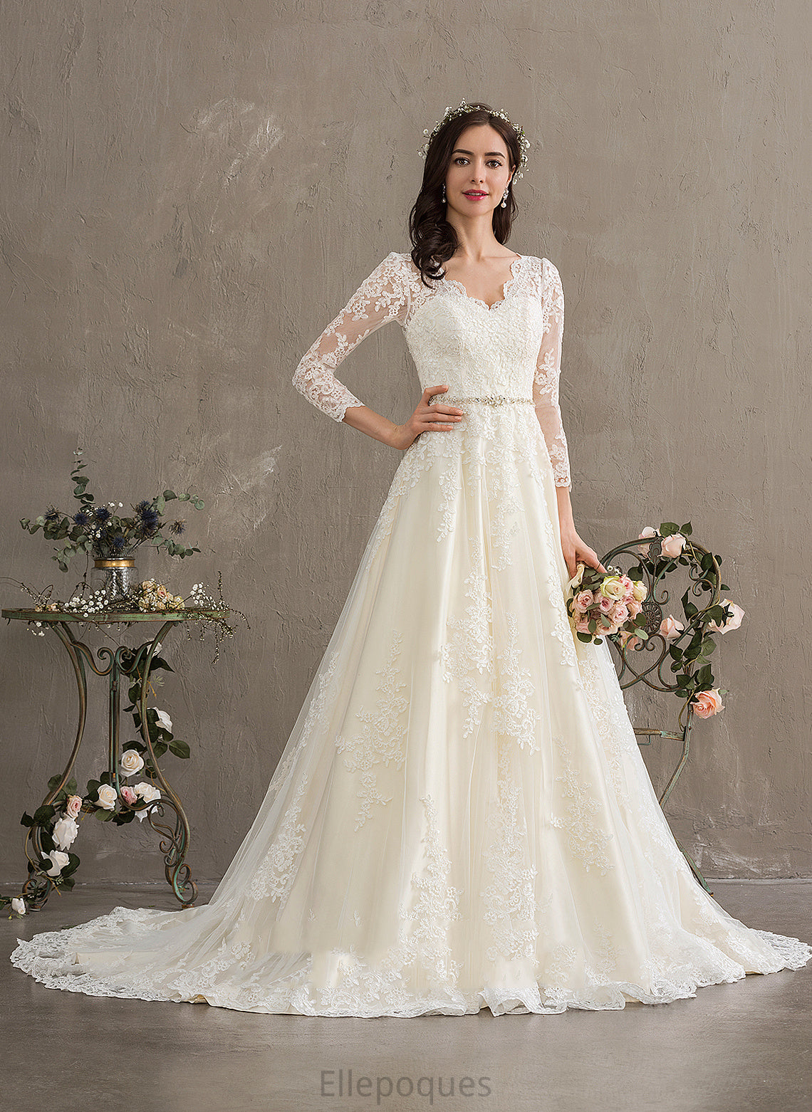 Sequins Wedding Dresses Dress Dylan Lace With Tulle V-neck Chapel Train Wedding Beading Ball-Gown/Princess