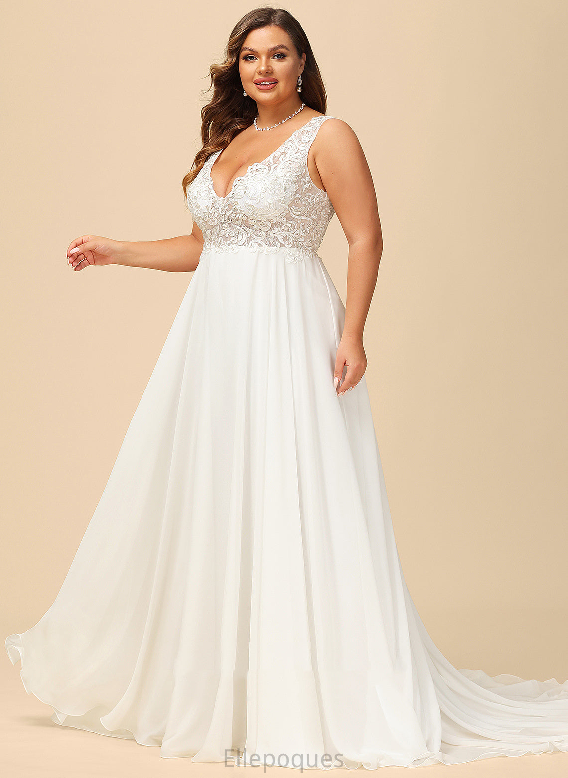 V-neck Chiffon Court Wedding Wedding Dresses A-Line Lace Halle Dress Train