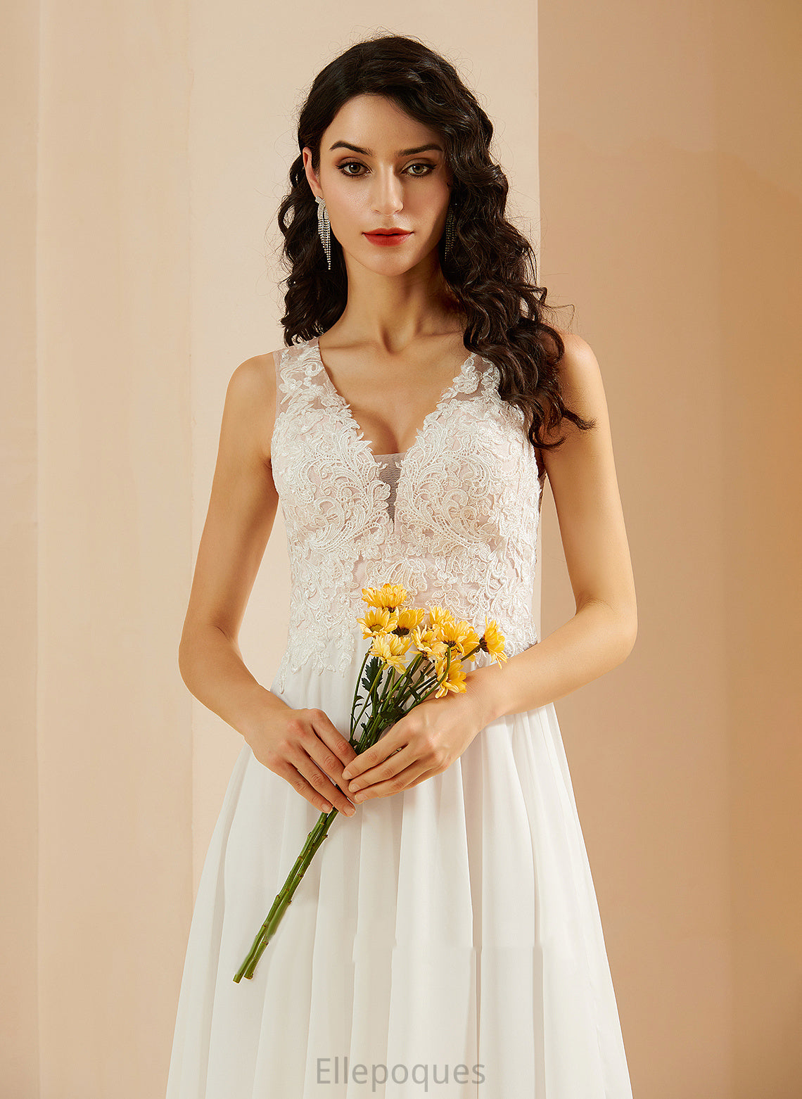 Chiffon V-neck A-Line Sequins Lace Wedding Dresses With Knee-Length Dress Elianna Wedding