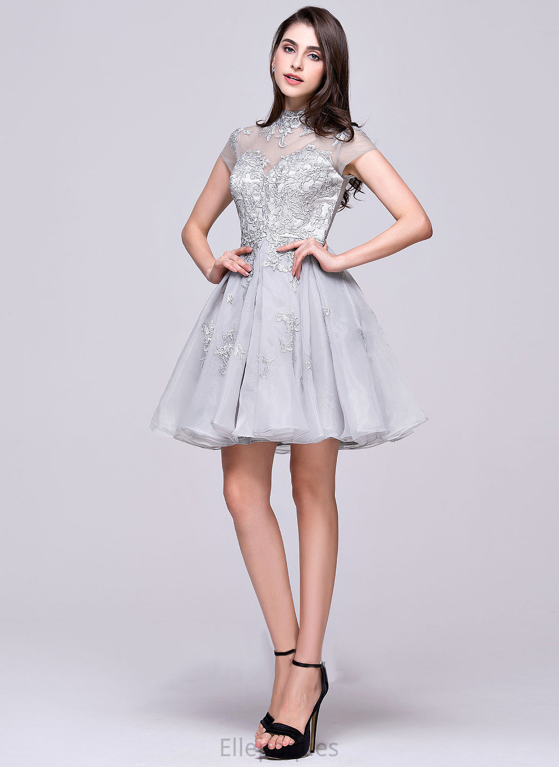 Homecoming Tulle Organza Short/Mini Lace Leticia A-Line With Appliques Neck High Homecoming Dresses Lace Dress