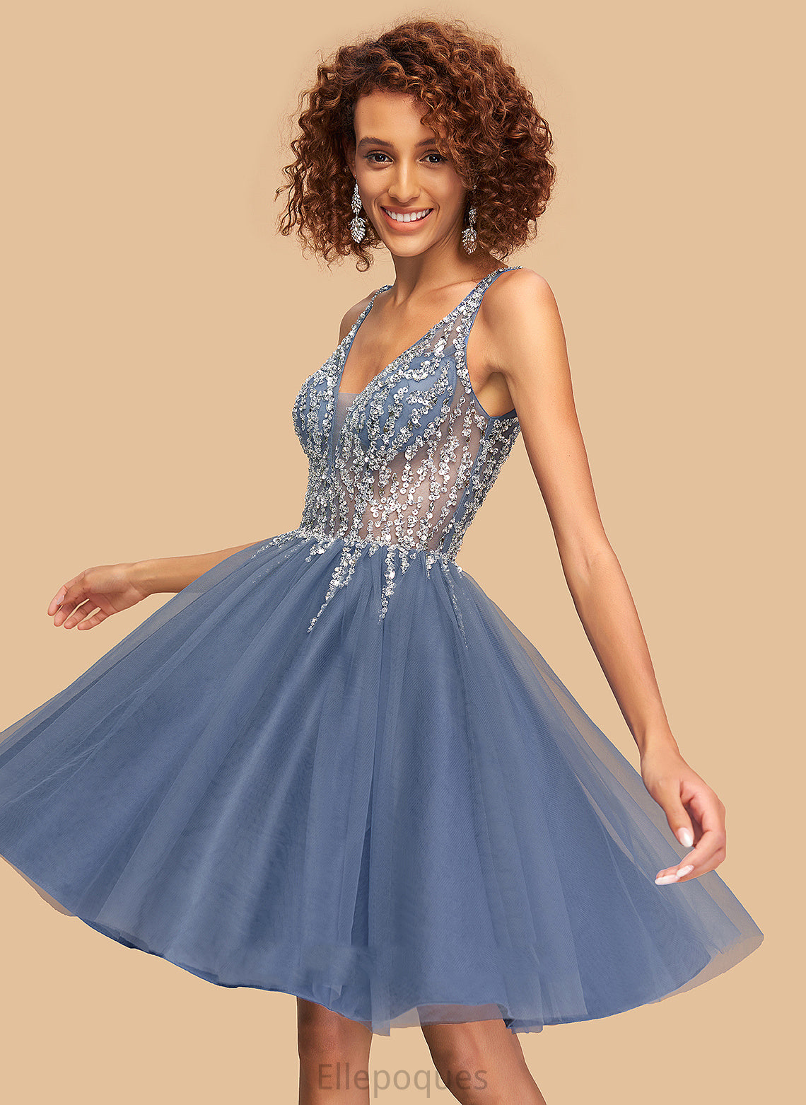 Homecoming Dresses V-neck Sequins With Cecelia Beading Short/Mini Dress Tulle Homecoming A-Line