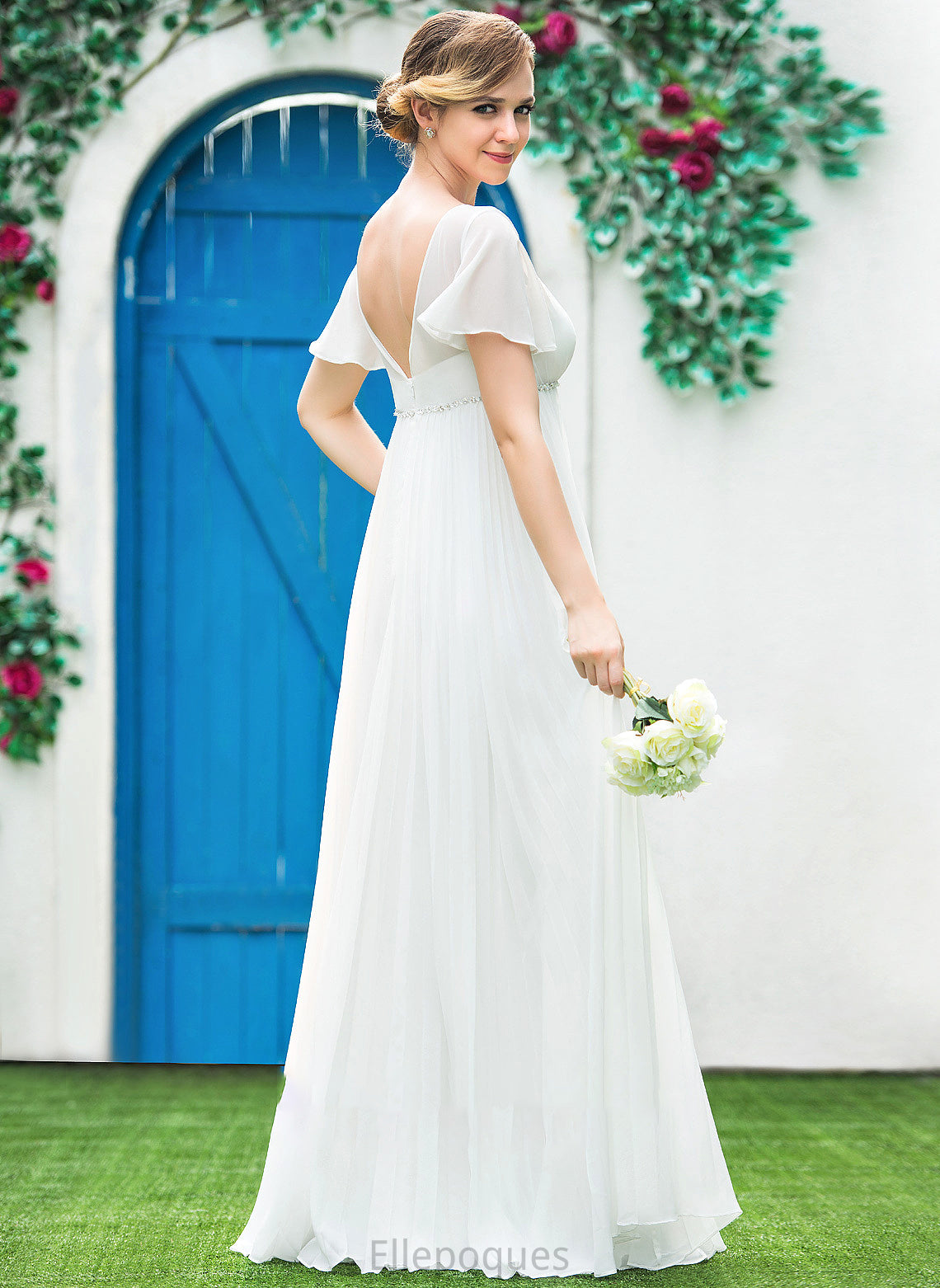 Floor-Length Beading Julissa Wedding With Pleated Wedding Dresses V-neck Chiffon Dress Empire