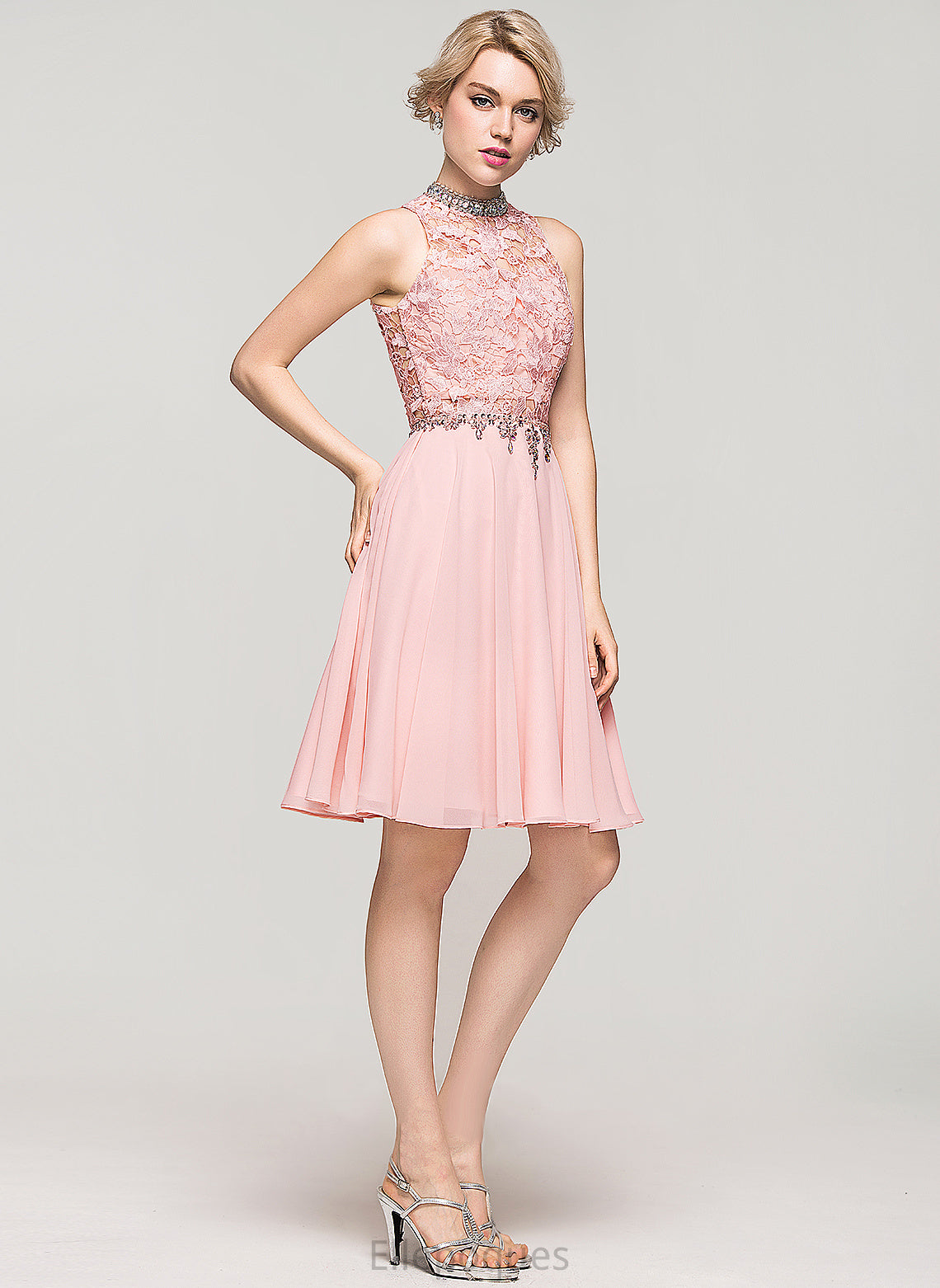 High Homecoming Dresses Chiffon With Knee-Length Beading Neck Vivian Homecoming Dress Sequins Lace A-Line