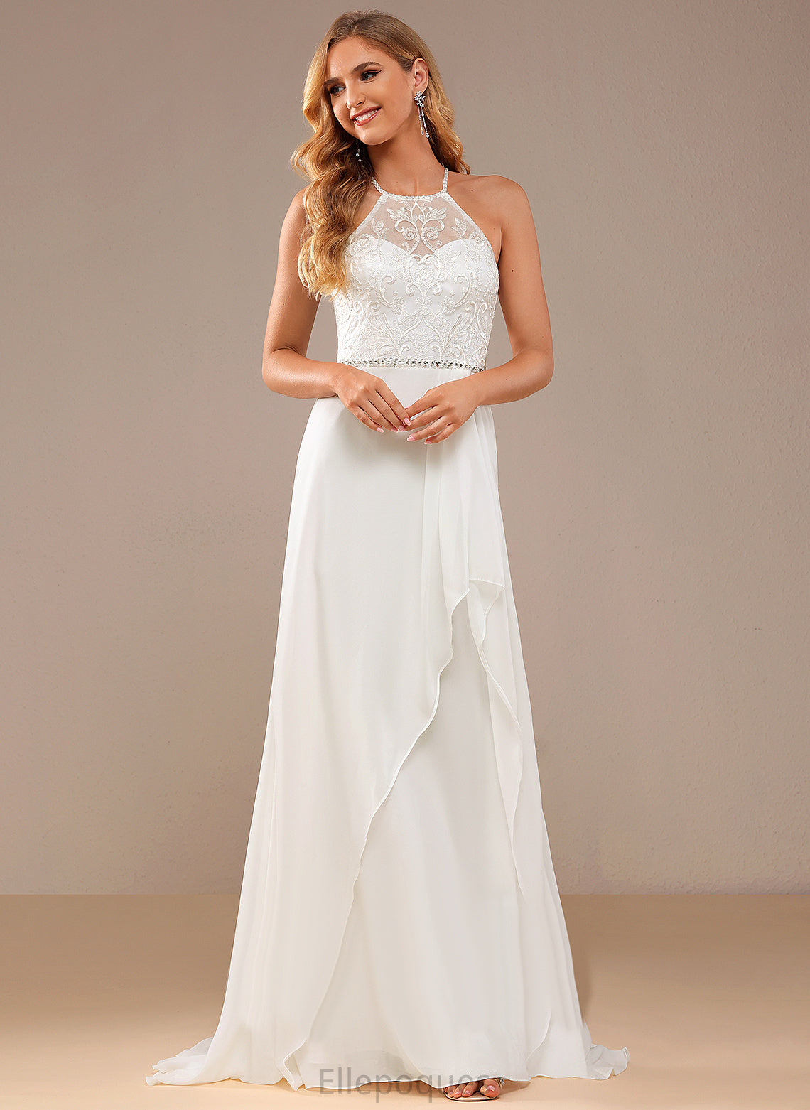 Sweep Wedding Dresses With Neck Train Sequins Lace Sydnee High Wedding A-Line Chiffon Beading Dress Lace