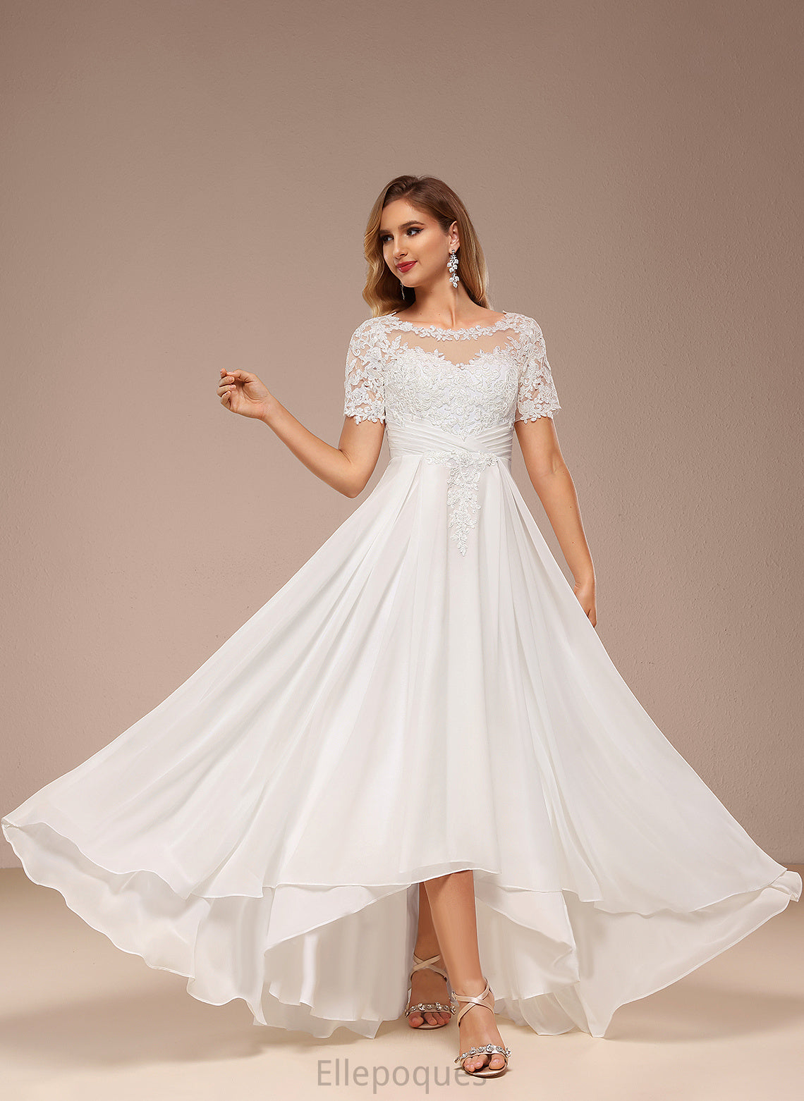 Gladys Wedding Dresses Chiffon Neck Wedding Lace Dress A-Line Boat Asymmetrical