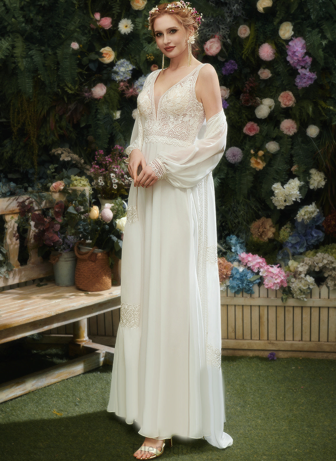 Wedding Dresses Chiffon With Lace Dress Front A-Line Sequins V-neck Maddison Wedding Split Floor-Length