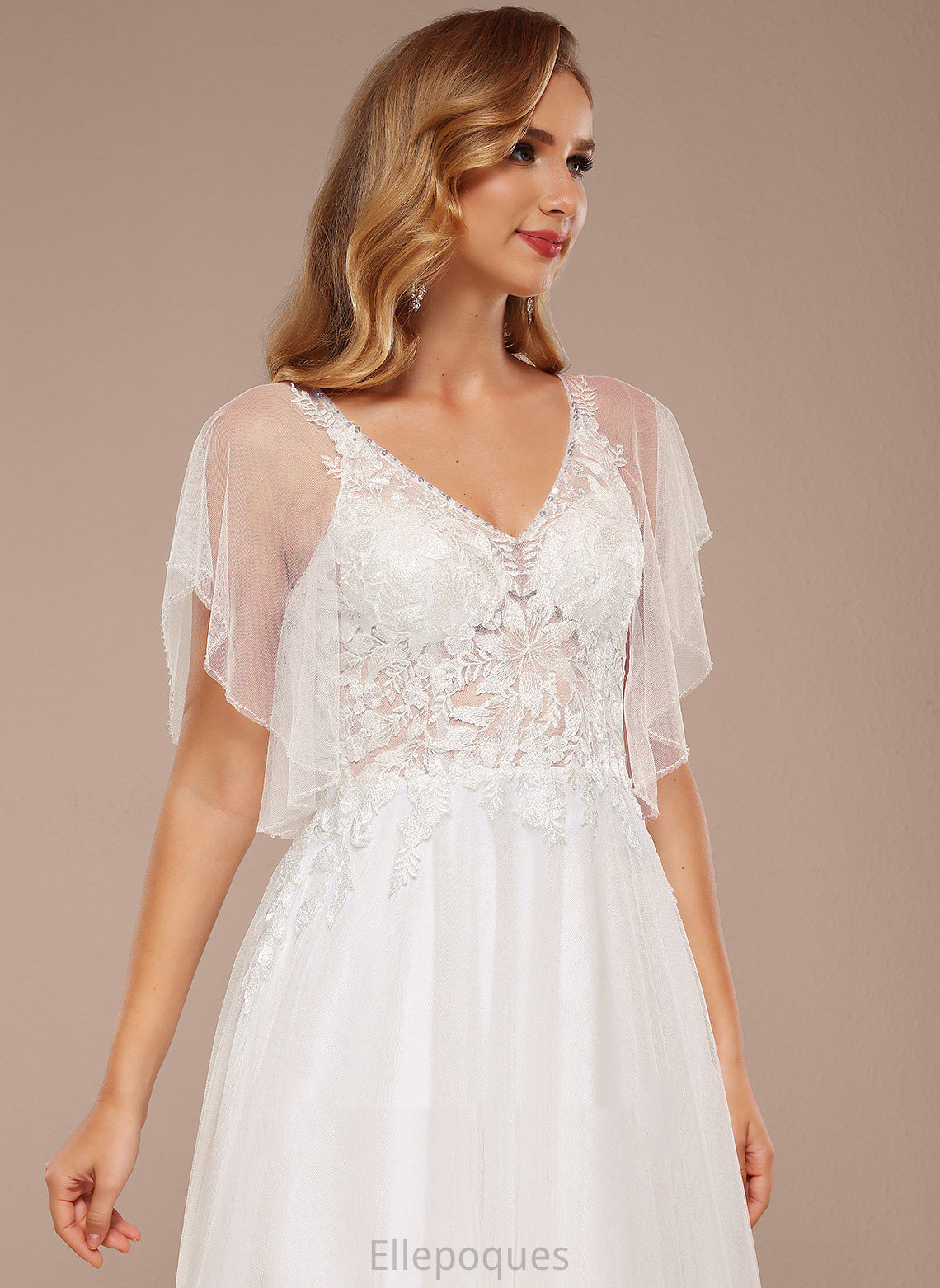 Tulle Floor-Length V-neck Ruffle Sequins Dress A-Line With Courtney Lace Wedding Wedding Dresses