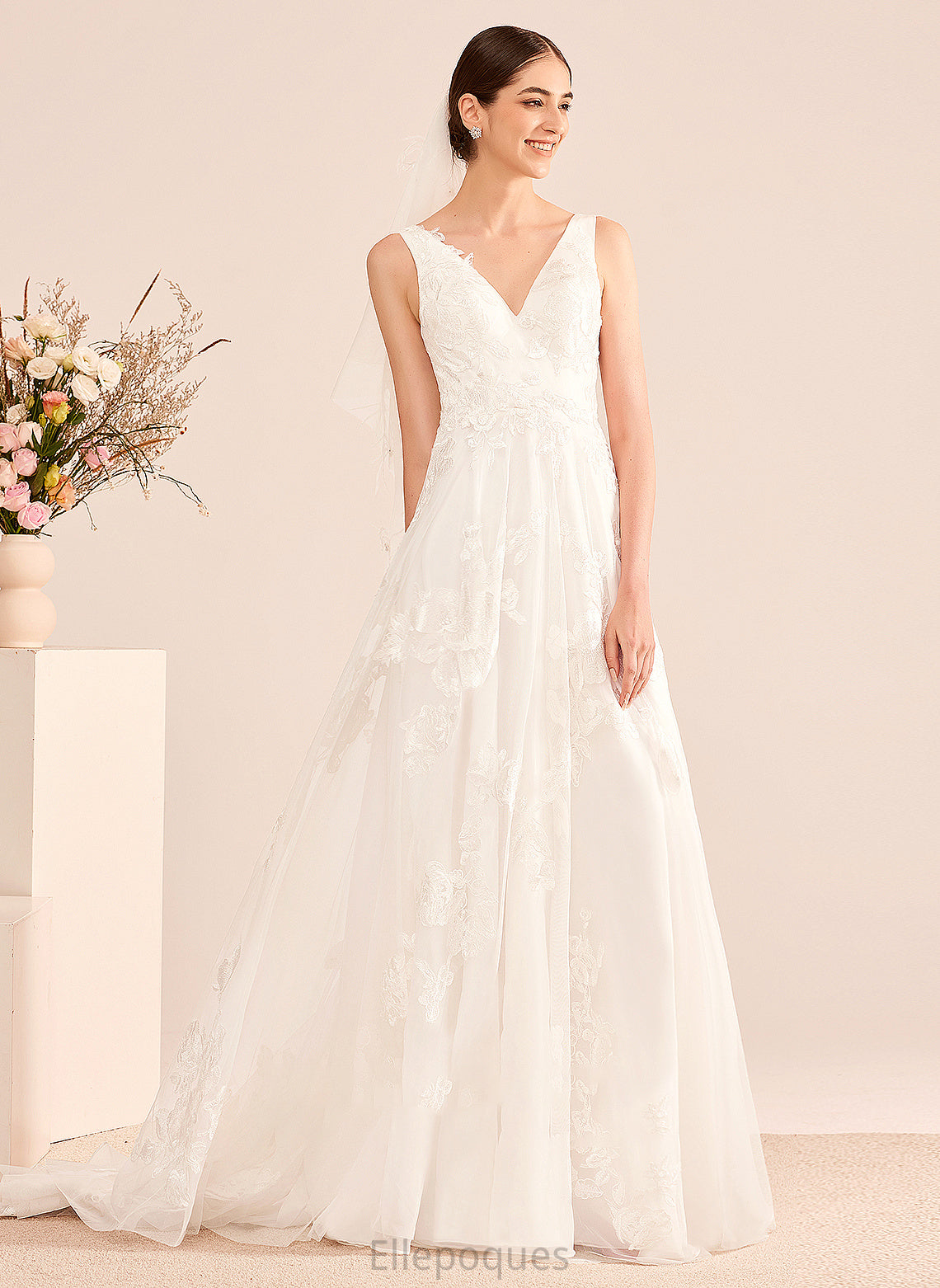 A-Line Lace With Wedding Train Luna Court Dress Wedding Dresses V-neck