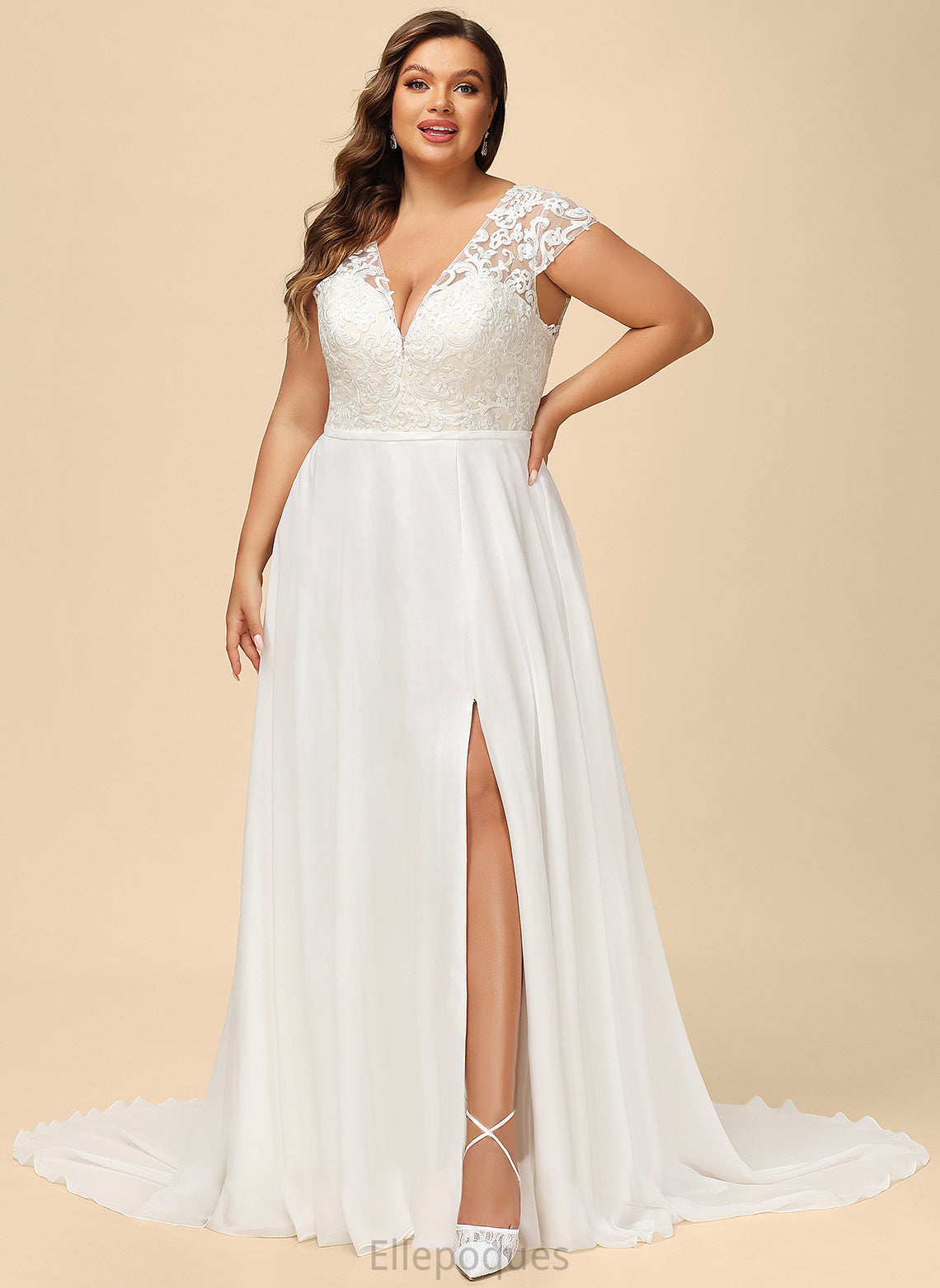 Train Sweep Wedding Chiffon Split With Wedding Dresses Heaven A-Line Front V-neck Dress Lace