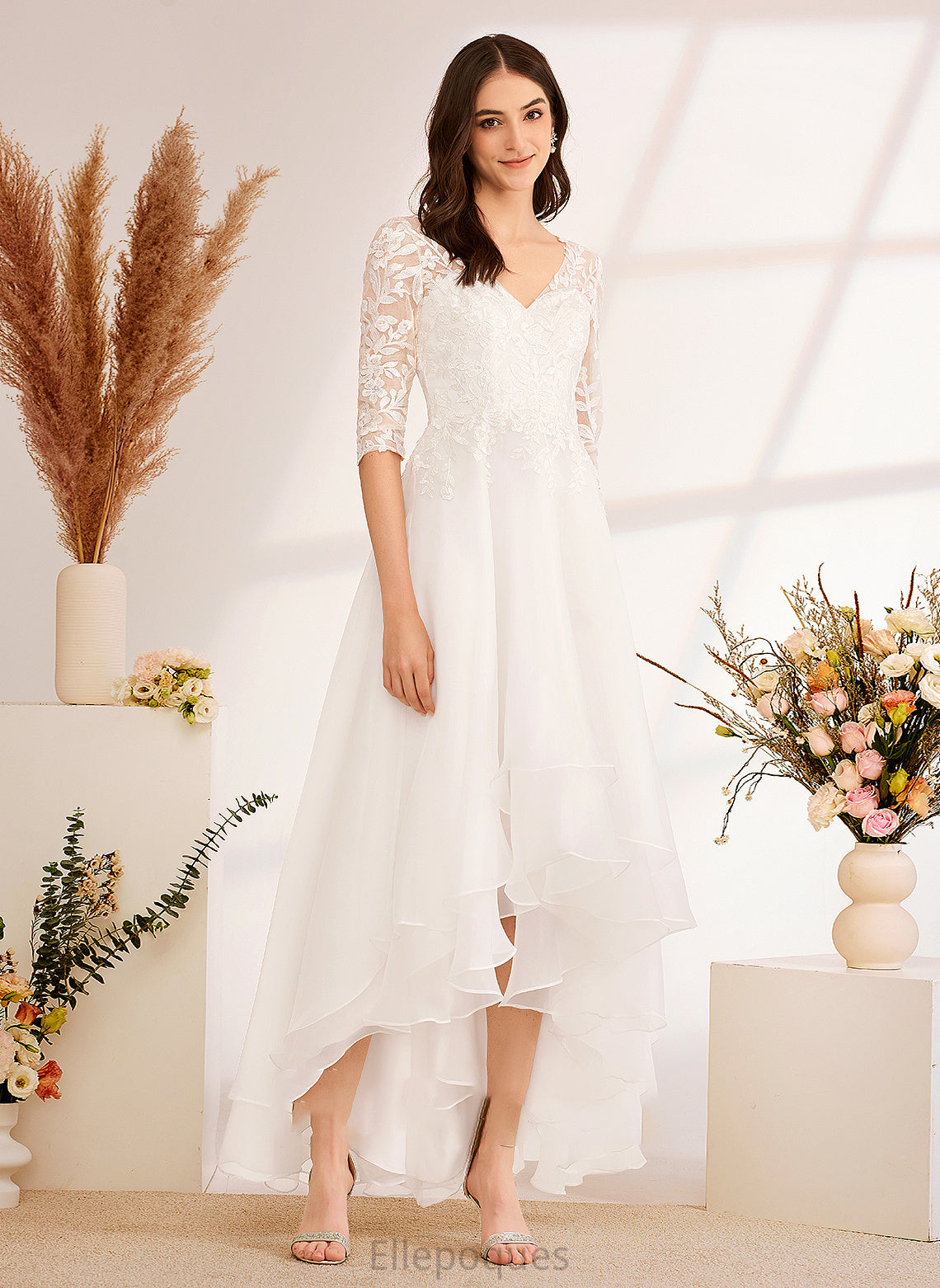 Beading V-neck With Sequins Dress Wedding Asymmetrical Elvira Wedding Dresses A-Line