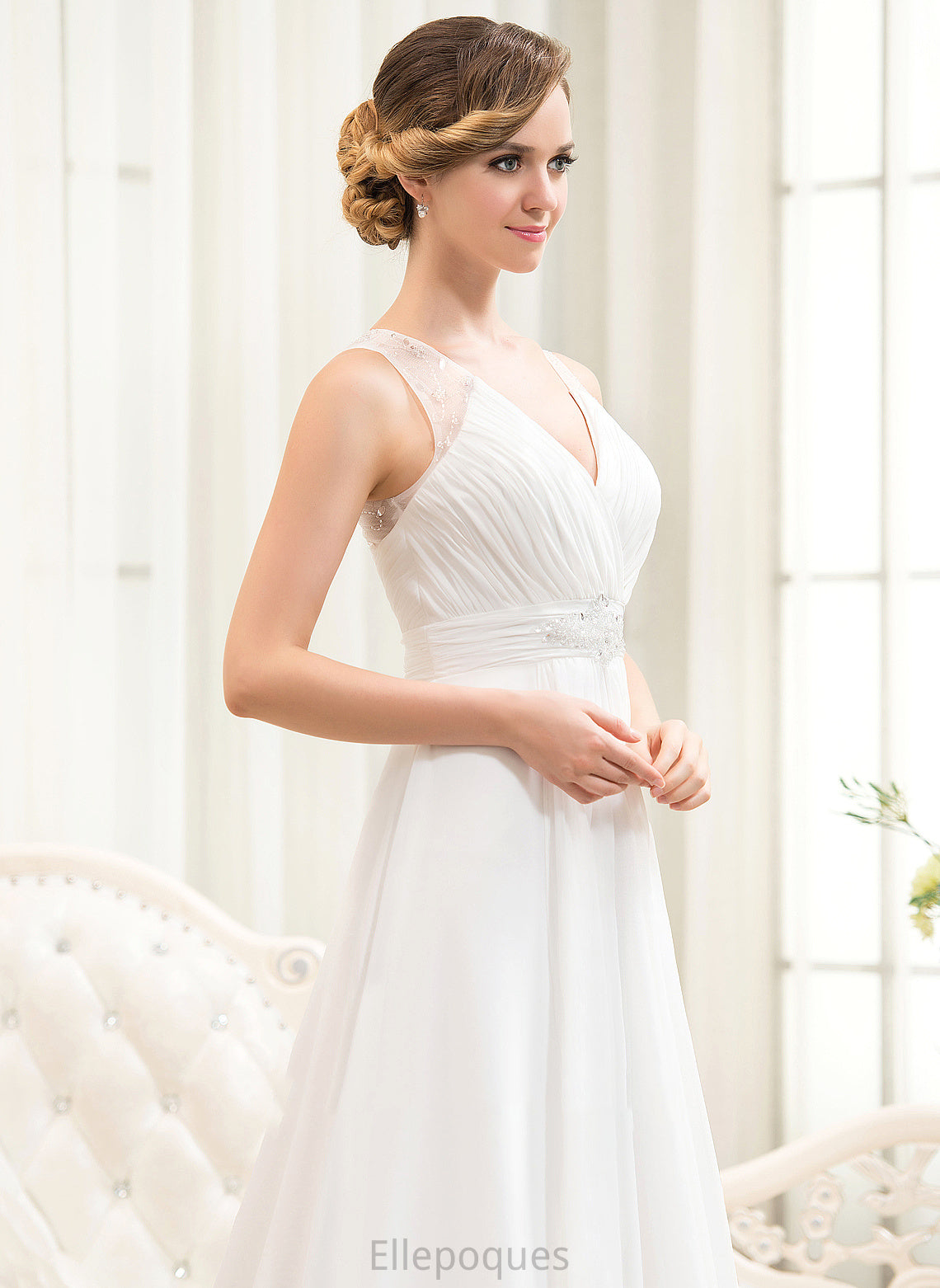 V-neck Beading With Wedding Sequins Ruffles A-Line Train Lesly Sweep Dress Chiffon Wedding Dresses Cascading