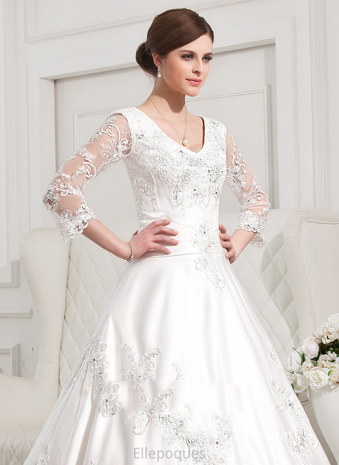 Appliques Ball-Gown/Princess Mariah Chapel Dress Train Satin With Beading Lace V-neck Wedding Wedding Dresses