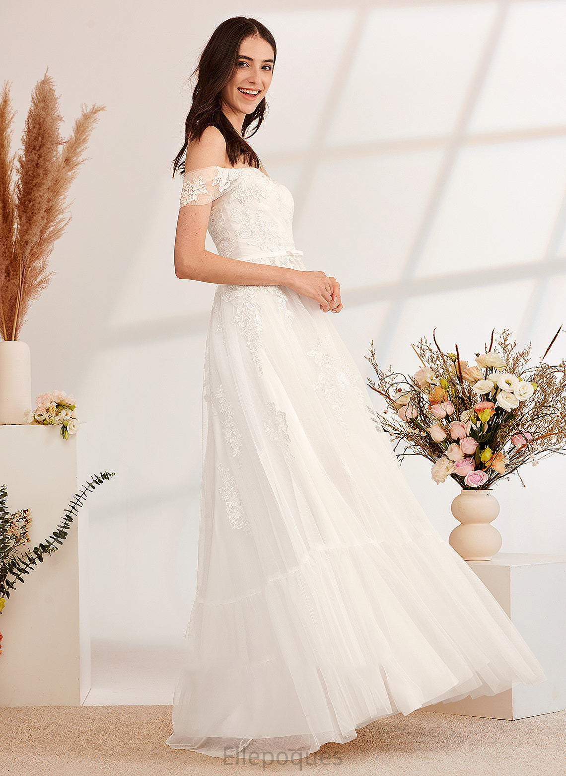 Beading Sequins Floor-Length A-Line Wedding Off-the-Shoulder Julia Dress Wedding Dresses With