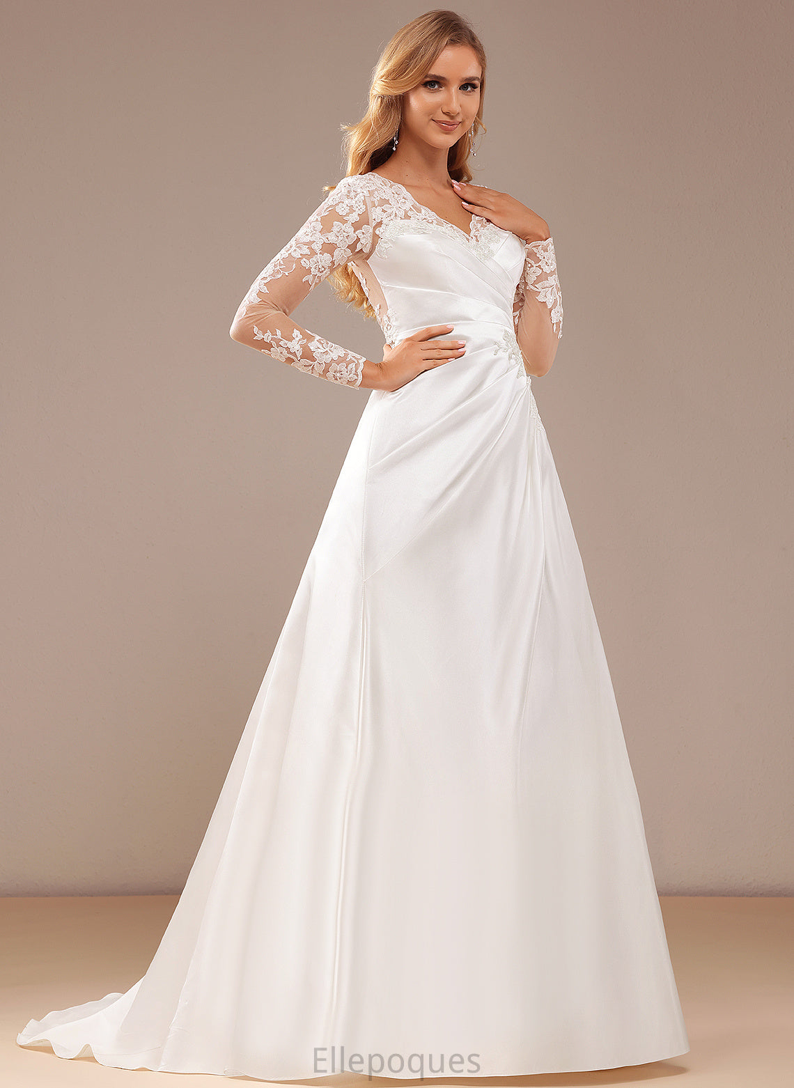 Wedding Dress A-Line Court V-neck With Train Lace Satin Sequins Lace Maria Wedding Dresses