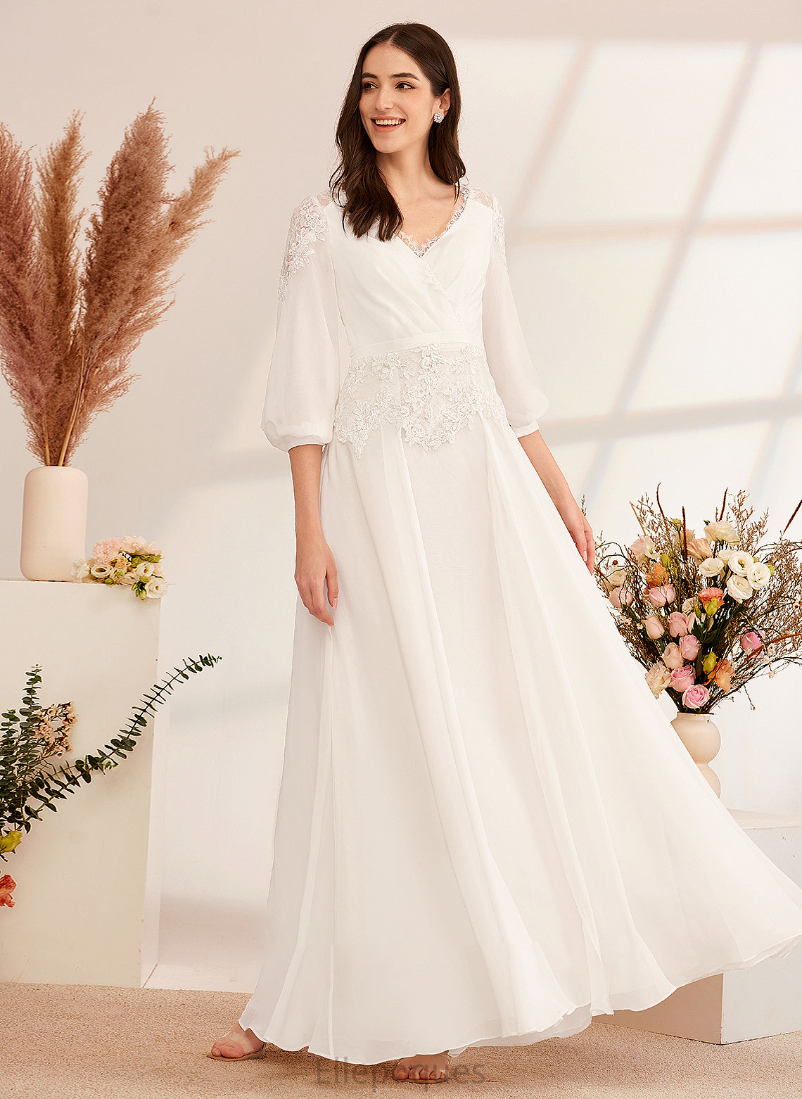 With Wedding A-Line Ella Floor-Length V-neck Lace Wedding Dresses Dress