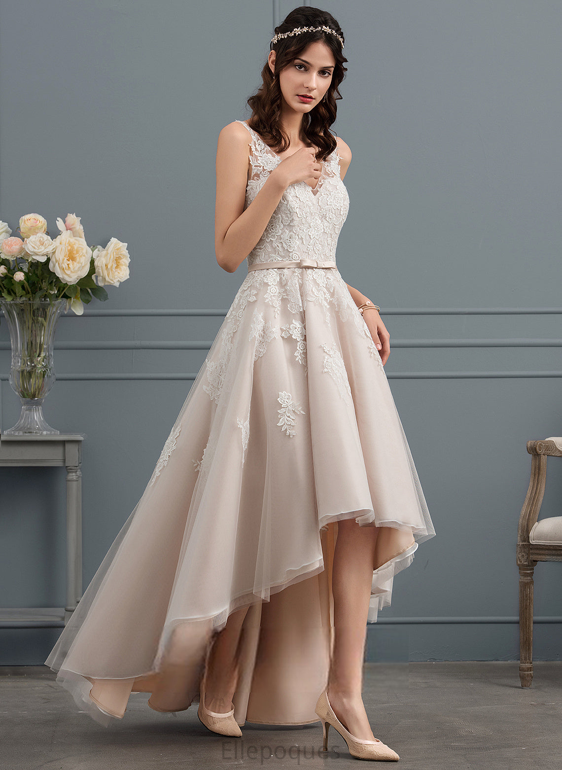 Dress A-Line Bow(s) With Lace Tulle Halle V-neck Wedding Asymmetrical Satin Wedding Dresses