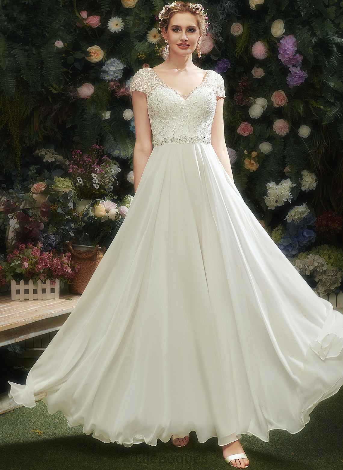 Chiffon V-neck Katharine Wedding Dresses Sequins Wedding Dress A-Line Floor-Length Beading Lace With